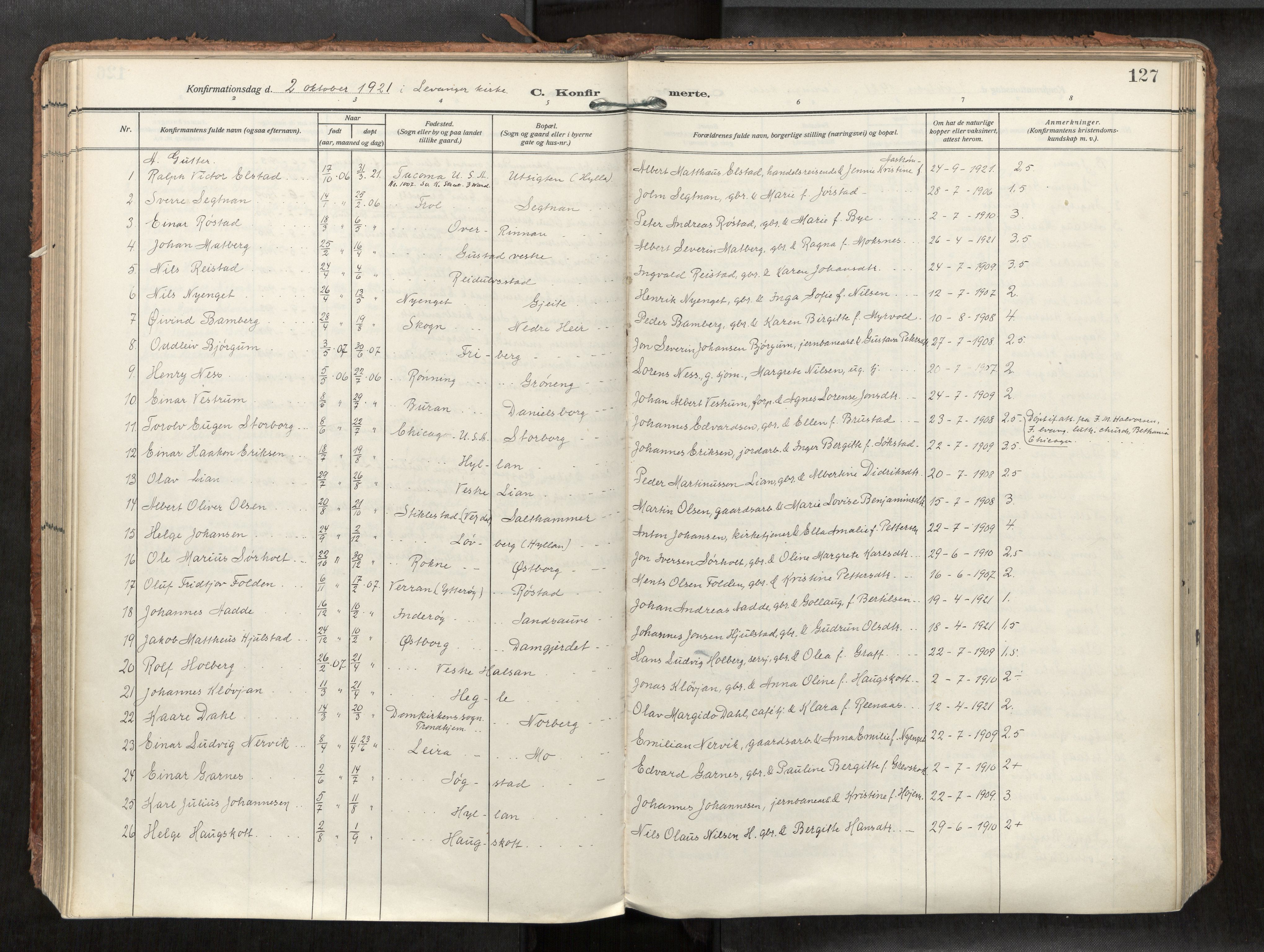 Levanger sokneprestkontor, SAT/A-1301/2/H/Haa/L0002: Parish register (official) no. 2, 1912-1935, p. 127