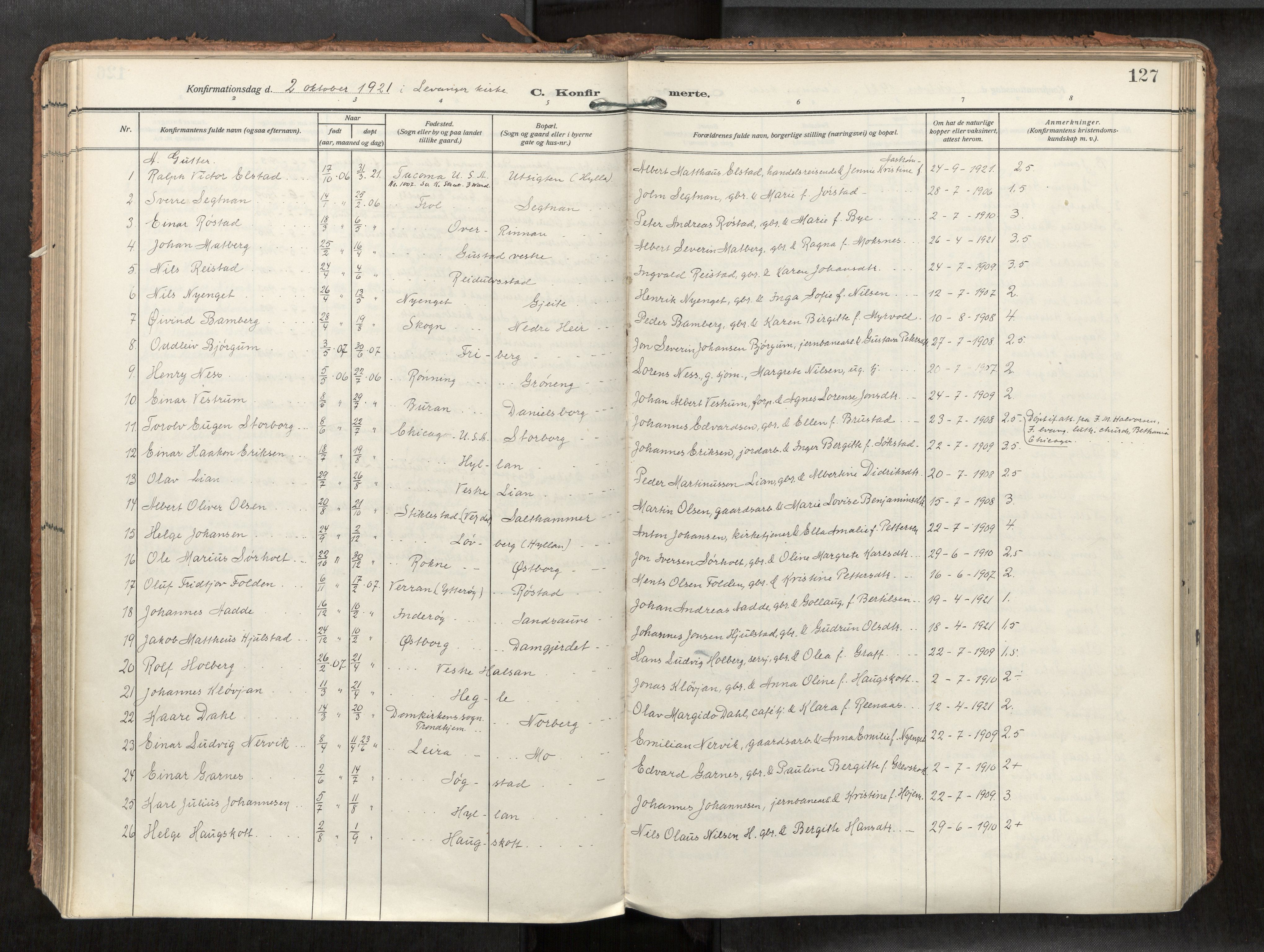 Levanger sokneprestkontor, AV/SAT-A-1301/2/H/Haa/L0002: Parish register (official) no. 2, 1912-1935, p. 127
