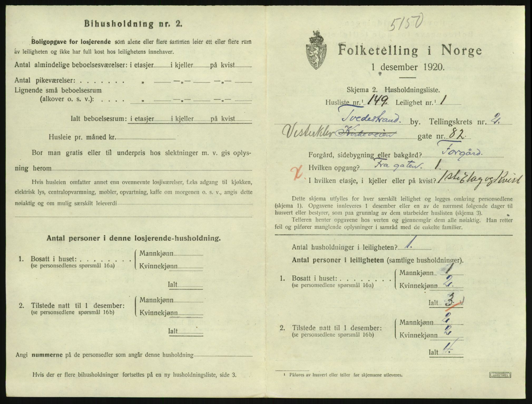 SAK, 1920 census for Tvedestrand, 1920, p. 1323