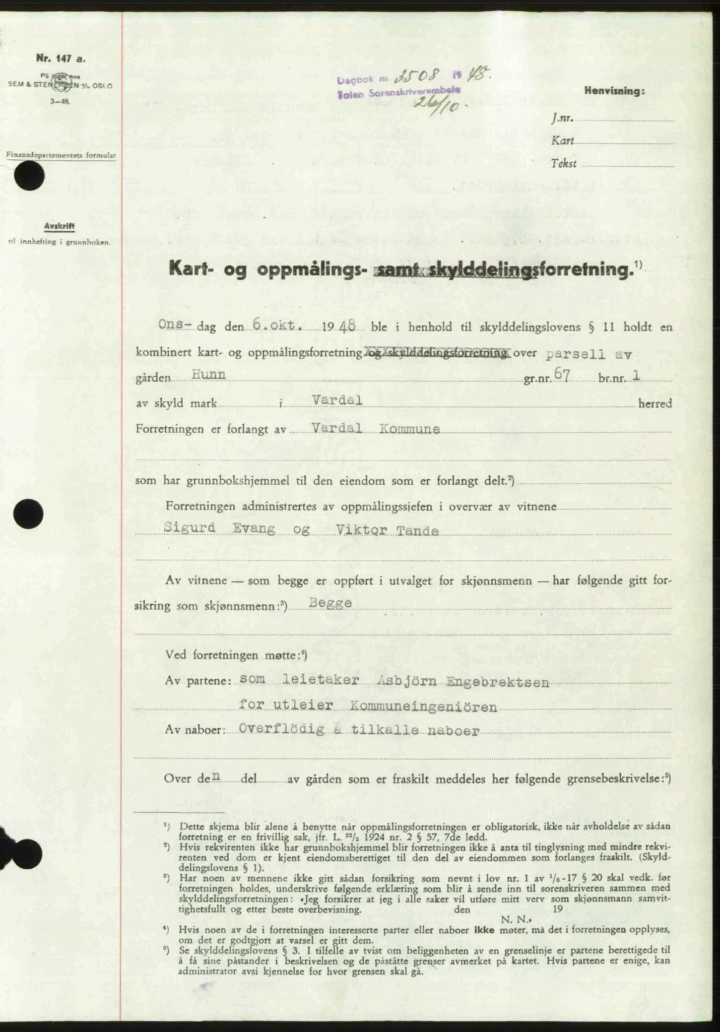 Toten tingrett, SAH/TING-006/H/Hb/Hbc/L0020: Mortgage book no. Hbc-20, 1948-1948, Diary no: : 3508/1948