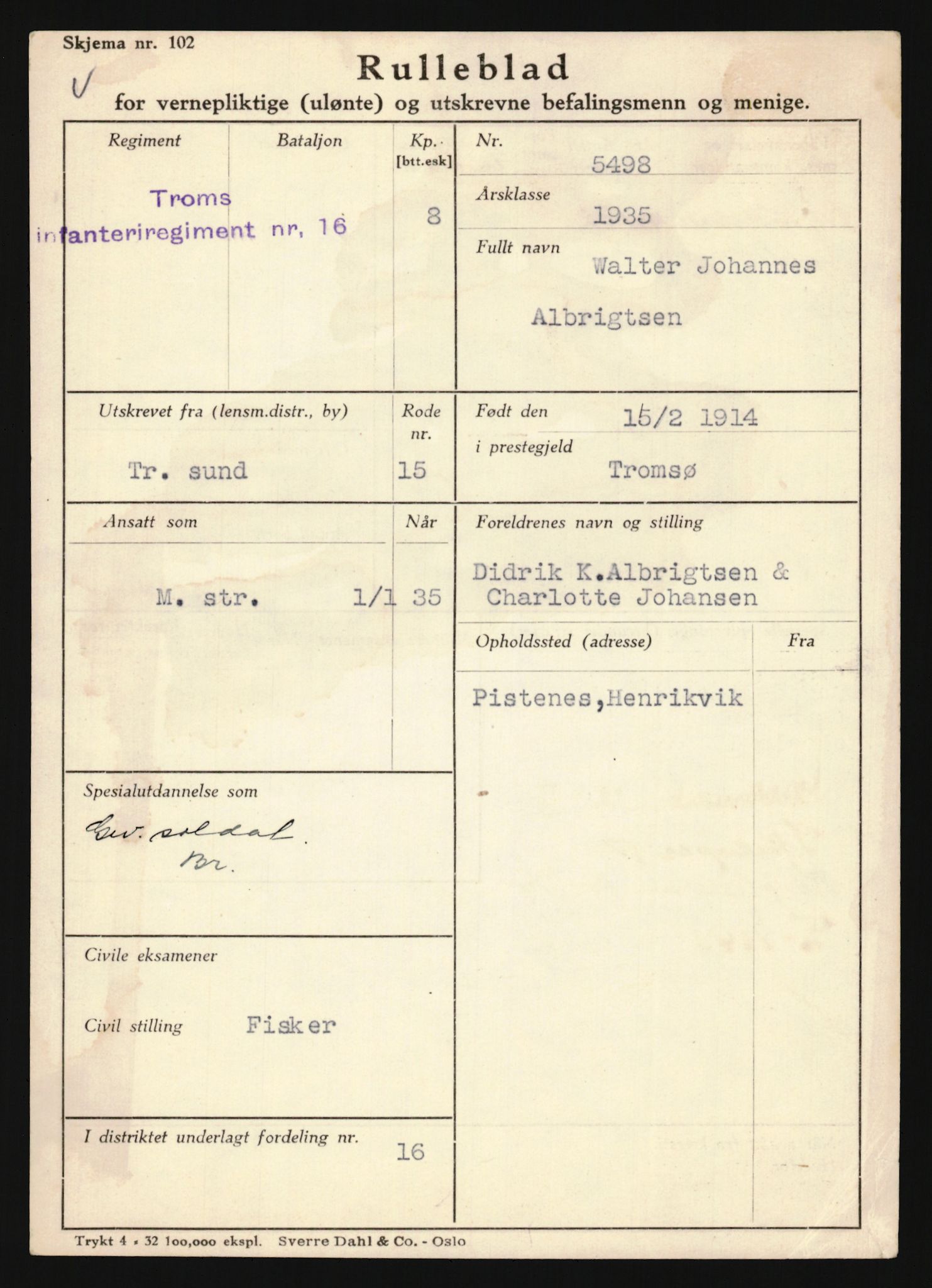 Forsvaret, Troms infanteriregiment nr. 16, AV/RA-RAFA-3146/P/Pa/L0019: Rulleblad for regimentets menige mannskaper, årsklasse 1935, 1935, p. 13