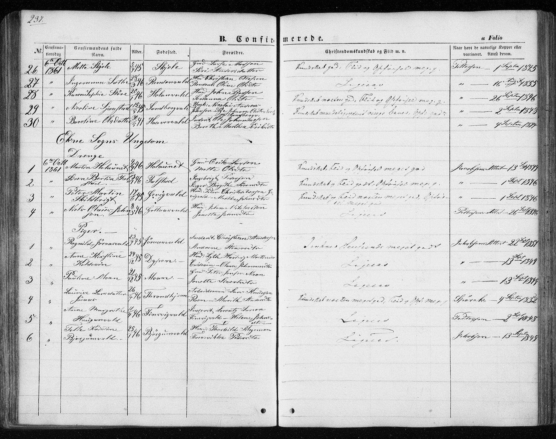 Ministerialprotokoller, klokkerbøker og fødselsregistre - Nord-Trøndelag, AV/SAT-A-1458/717/L0154: Parish register (official) no. 717A07 /1, 1850-1862, p. 237