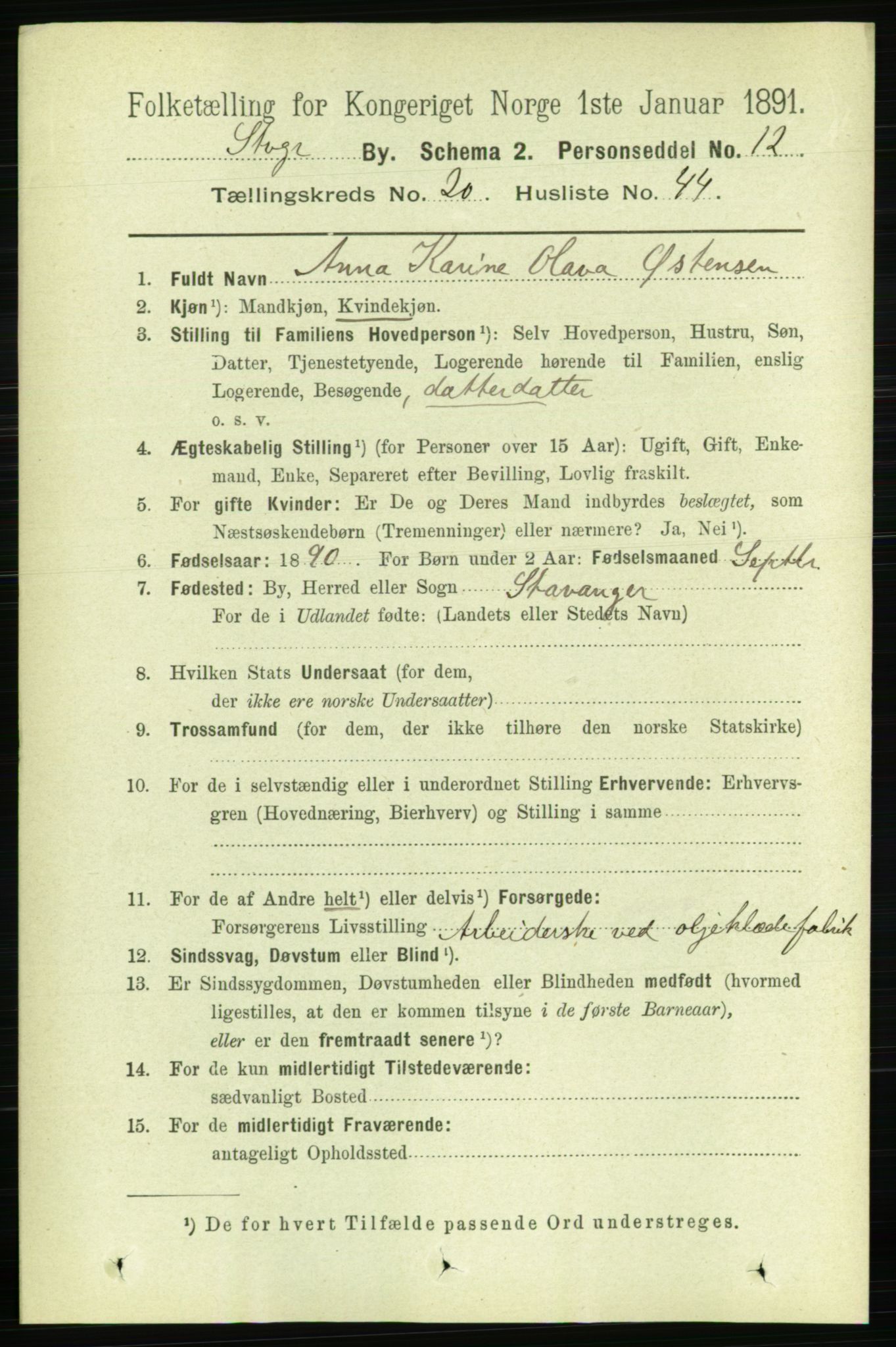 RA, 1891 census for 1103 Stavanger, 1891, p. 23421