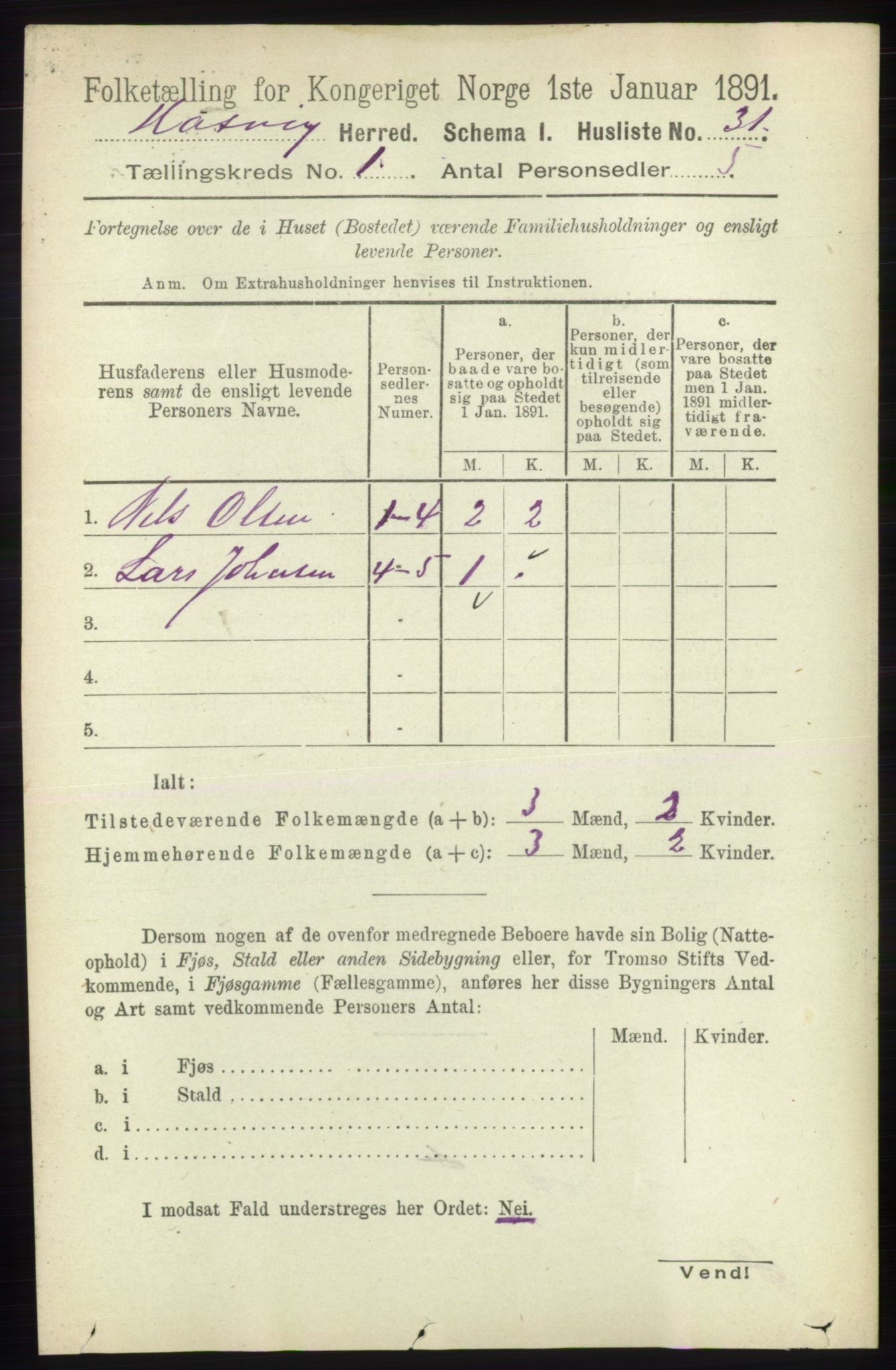 RA, 1891 census for 2015 Hasvik, 1891, p. 51