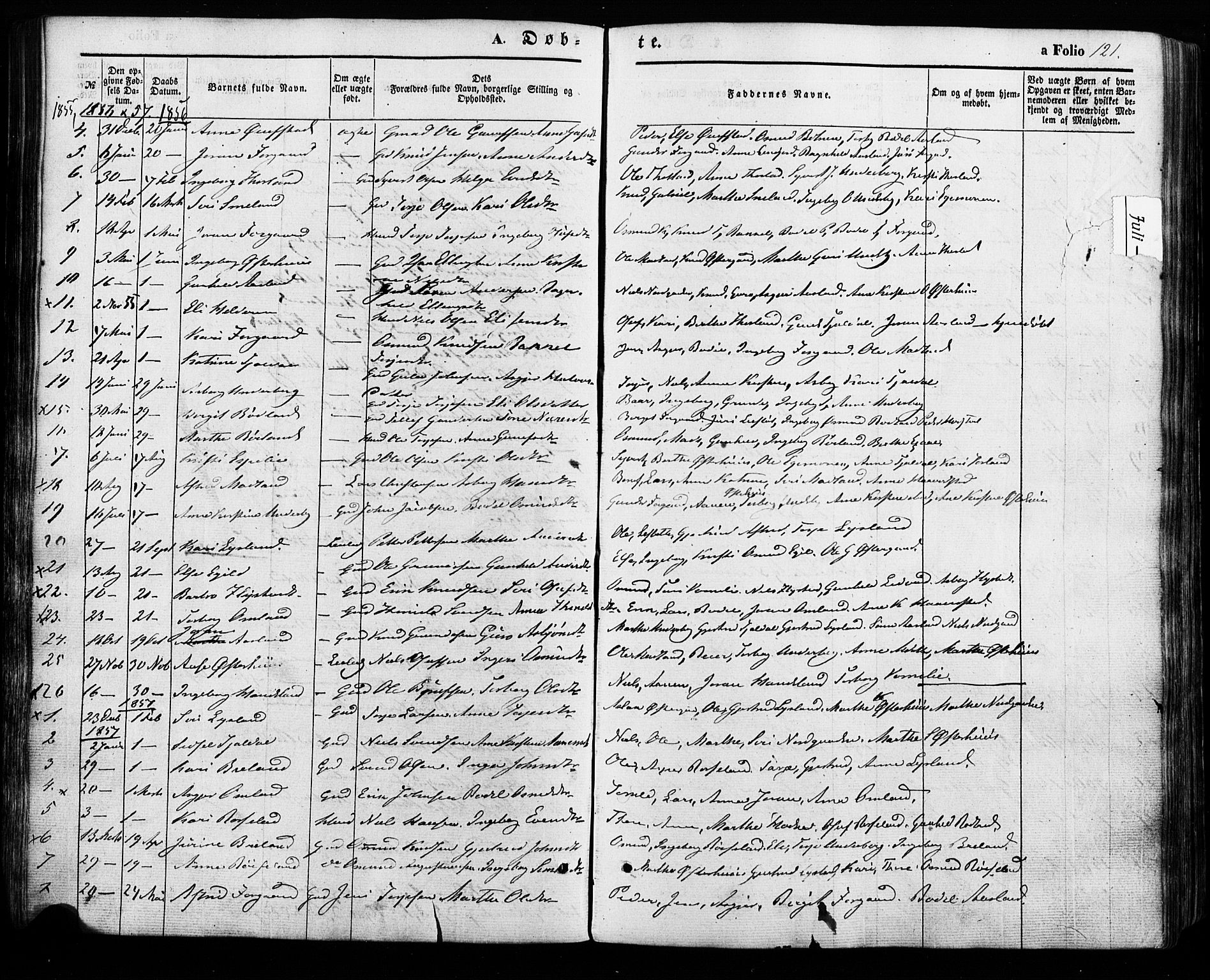Åseral sokneprestkontor, SAK/1111-0051/F/Fa/L0002: Parish register (official) no. A 2, 1854-1884, p. 121