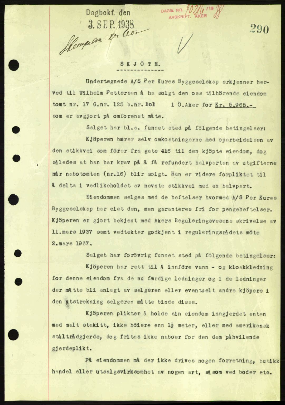 Aker herredsskriveri, SAO/A-10896/G/Gb/Gba/Gbab/L0025: Mortgage book no. A154-155, 1938-1938, Diary no: : 10216/1938