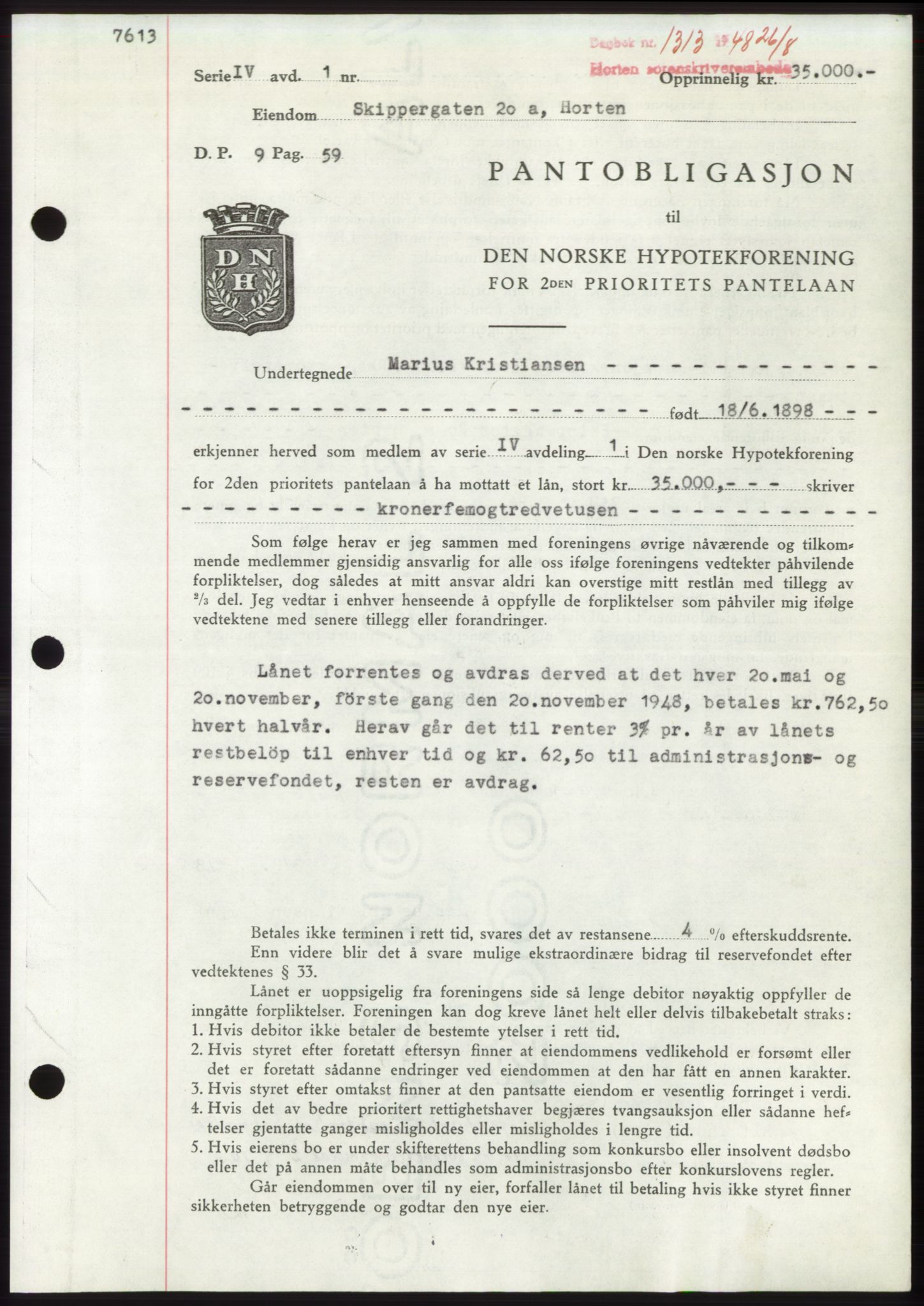 Horten sorenskriveri, AV/SAKO-A-133/G/Ga/Gab/L0007: Mortgage book no. B-11 - B-12, 1947-1948, Diary no: : 1313/1948