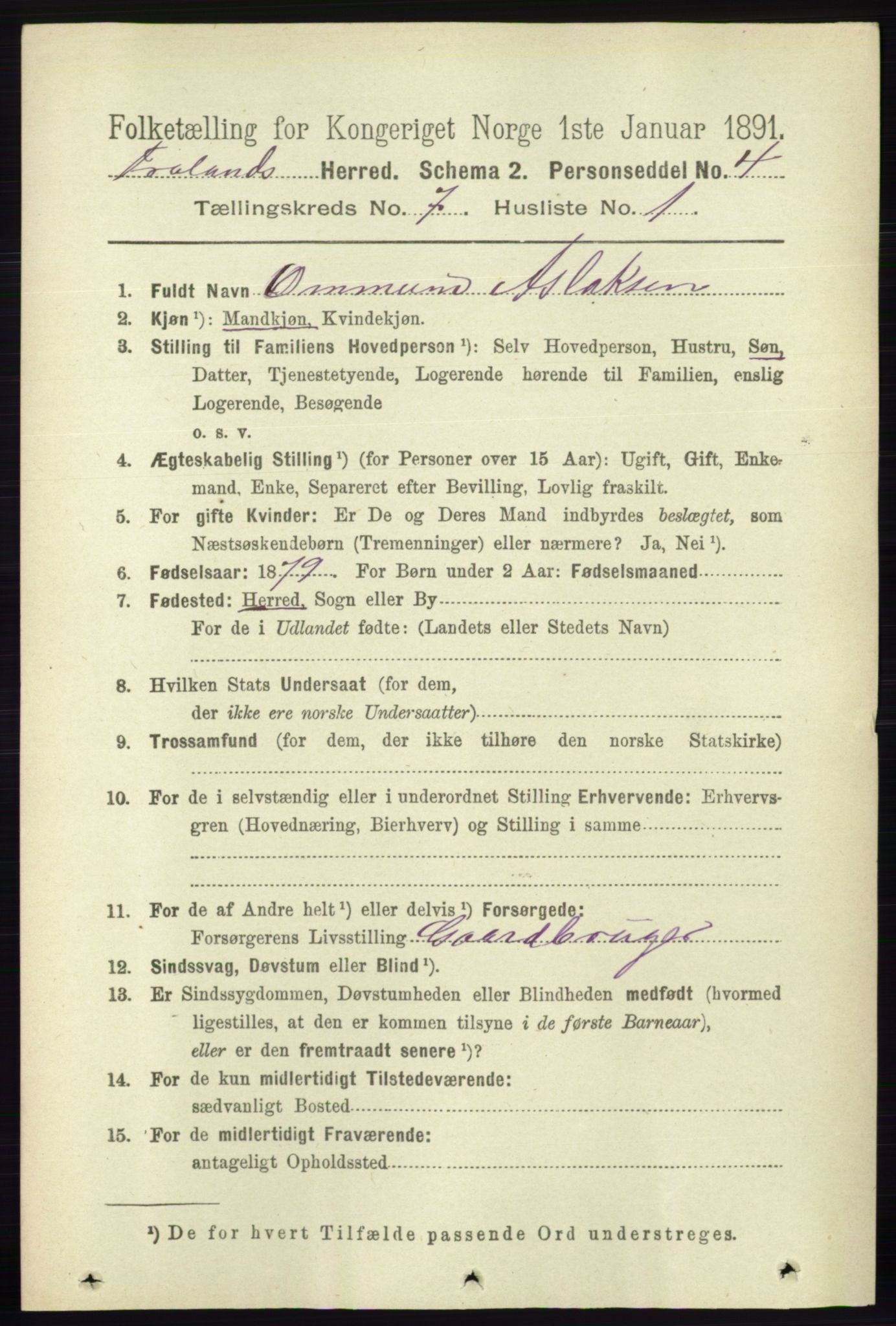 RA, 1891 census for 0919 Froland, 1891, p. 2658