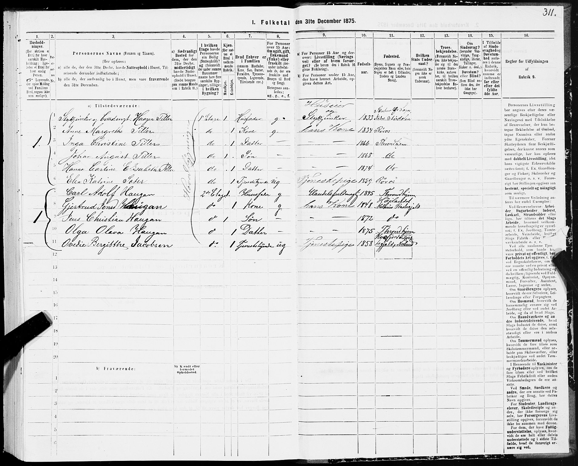 SAT, 1875 census for 1601 Trondheim, 1875, p. 6311