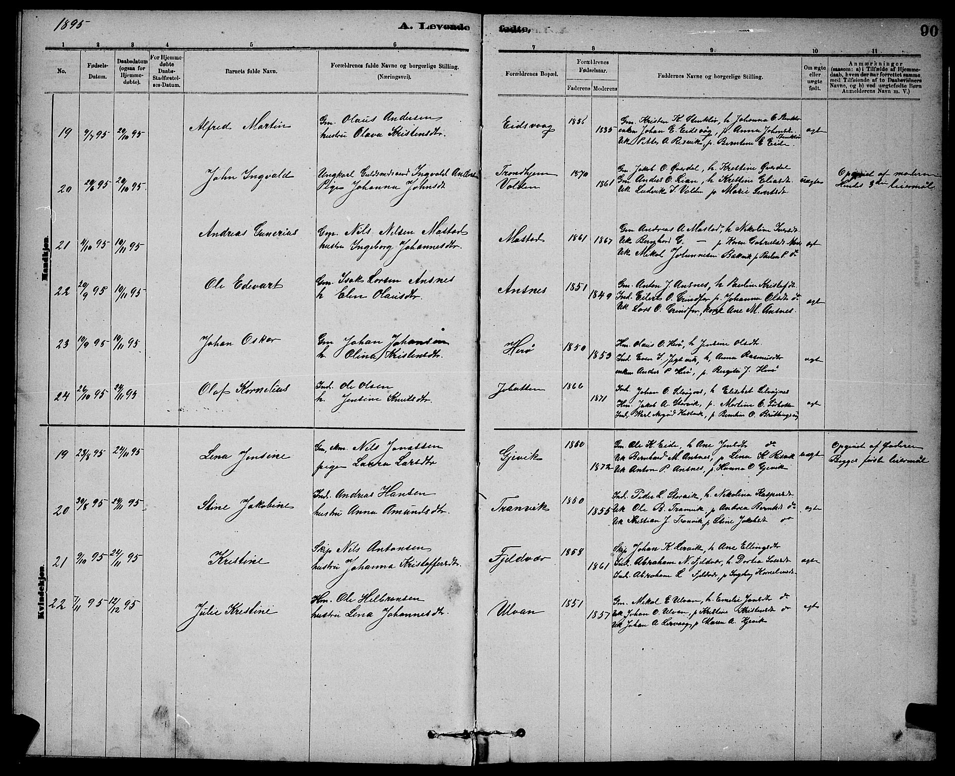 Ministerialprotokoller, klokkerbøker og fødselsregistre - Sør-Trøndelag, AV/SAT-A-1456/637/L0562: Parish register (copy) no. 637C03, 1883-1898, p. 90