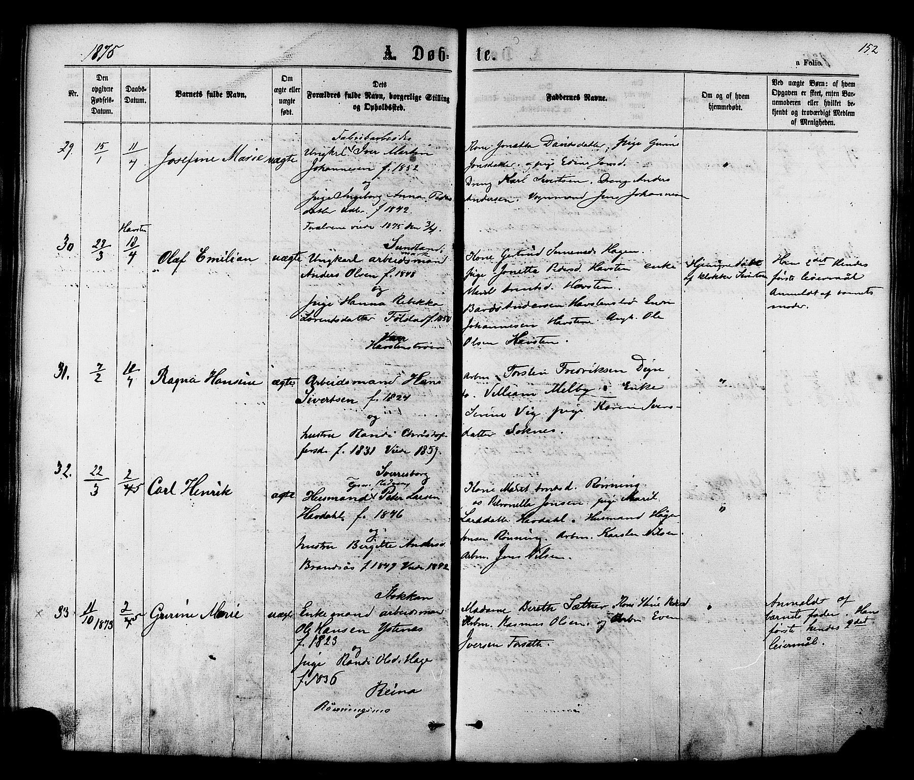 Ministerialprotokoller, klokkerbøker og fødselsregistre - Sør-Trøndelag, AV/SAT-A-1456/606/L0293: Parish register (official) no. 606A08, 1866-1877, p. 152