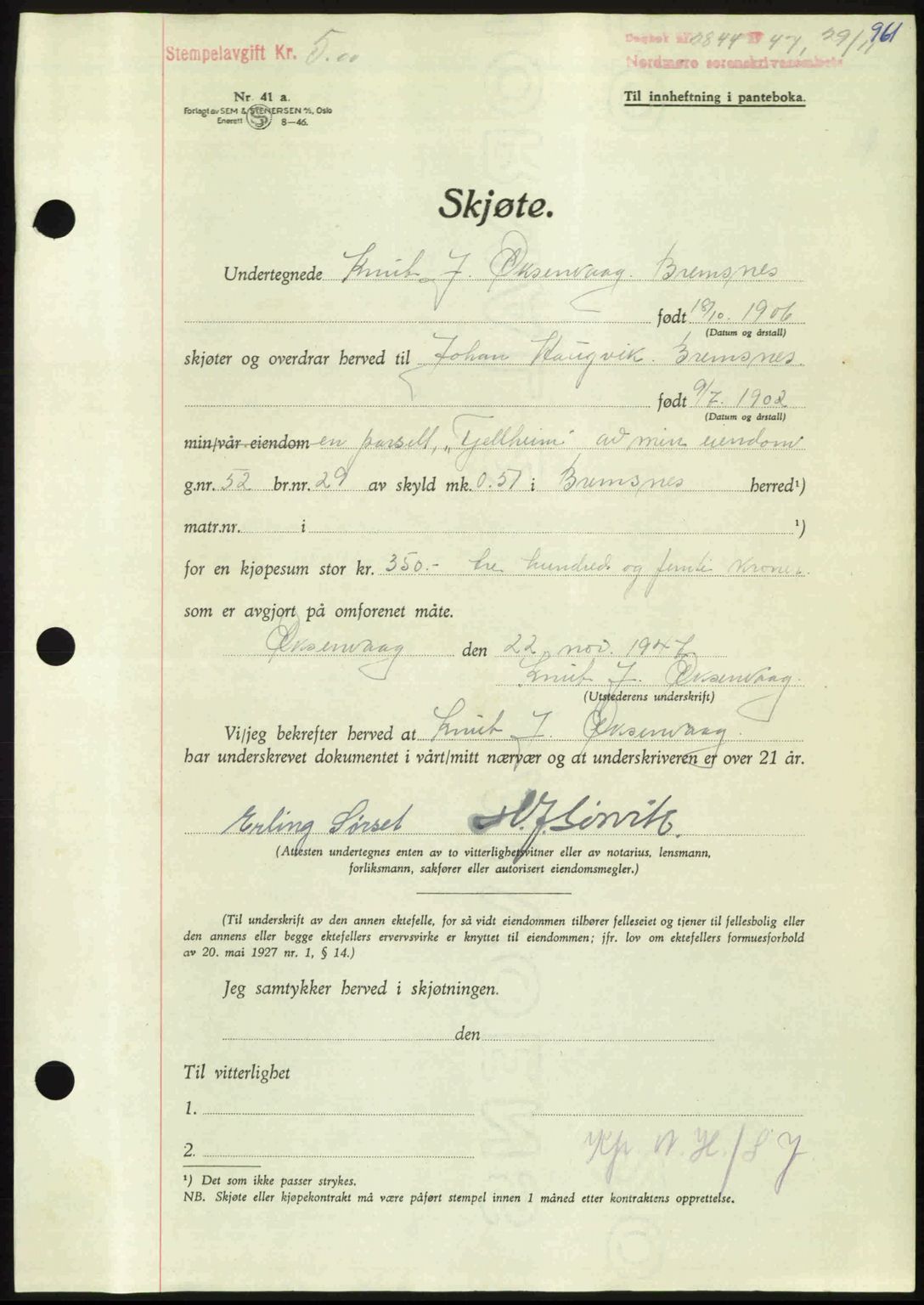 Nordmøre sorenskriveri, AV/SAT-A-4132/1/2/2Ca: Mortgage book no. A106, 1947-1947, Diary no: : 2844/1947