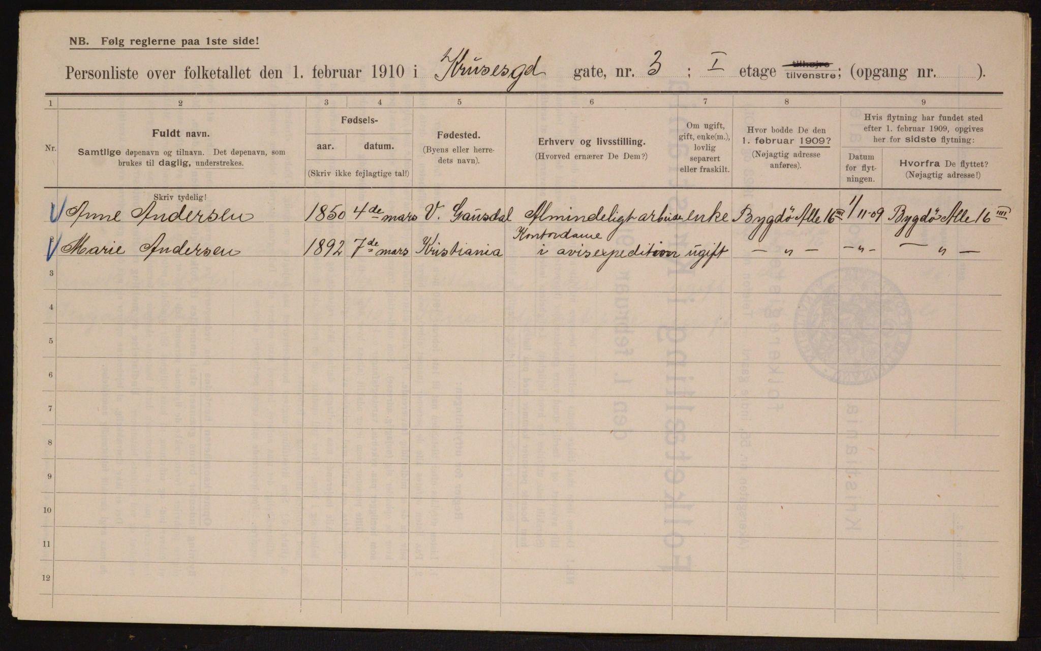 OBA, Municipal Census 1910 for Kristiania, 1910, p. 53317