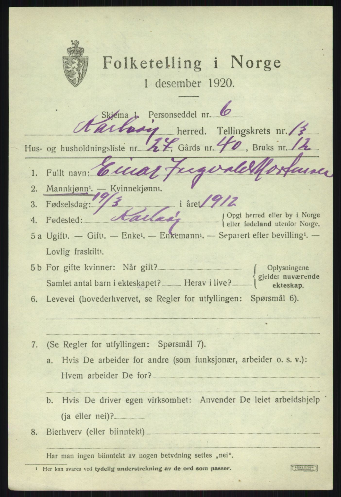 SATØ, 1920 census for Karlsøy, 1920, p. 5012