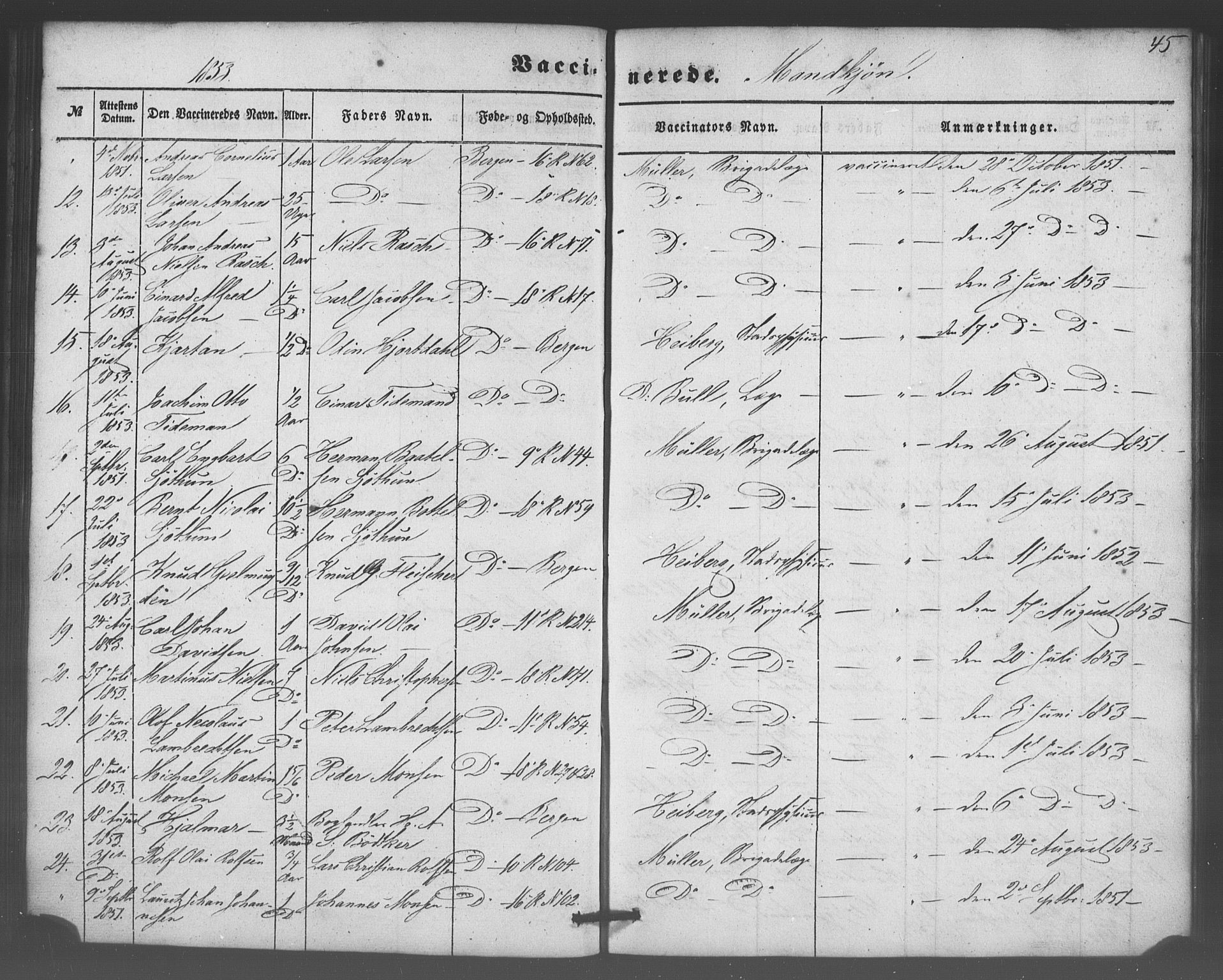 Domkirken sokneprestembete, SAB/A-74801/H/Haa/L0047: Parish register (official) no. F 2, 1852-1868, p. 45