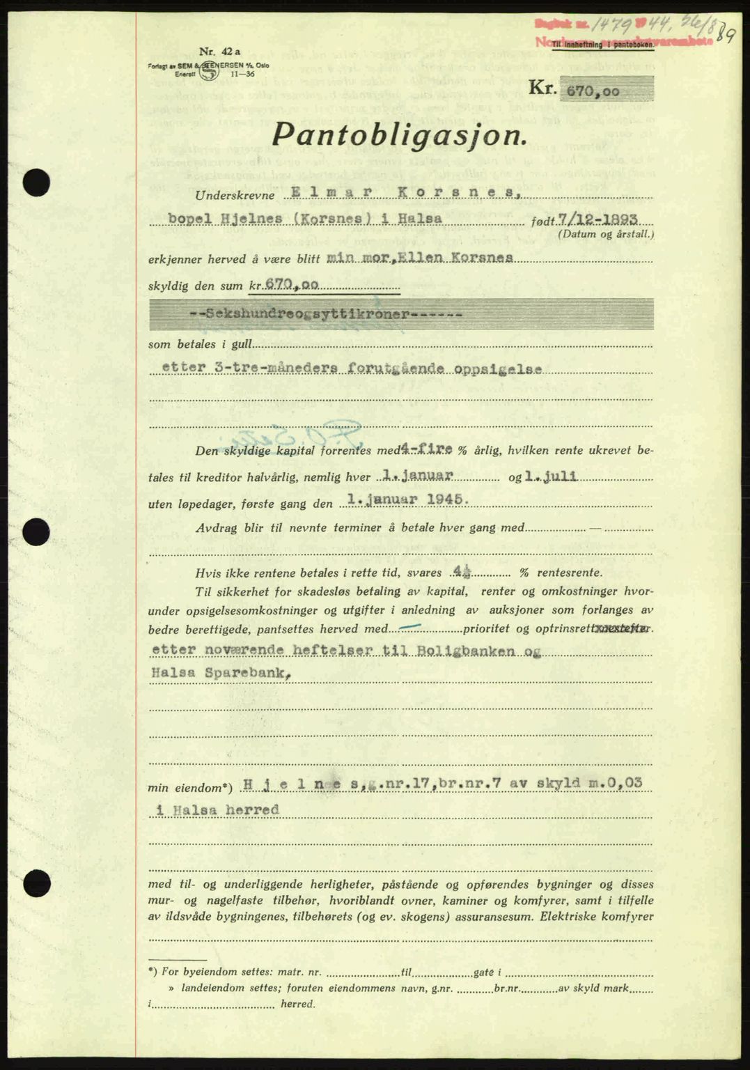 Nordmøre sorenskriveri, AV/SAT-A-4132/1/2/2Ca: Mortgage book no. B92, 1944-1945, Diary no: : 1479/1944