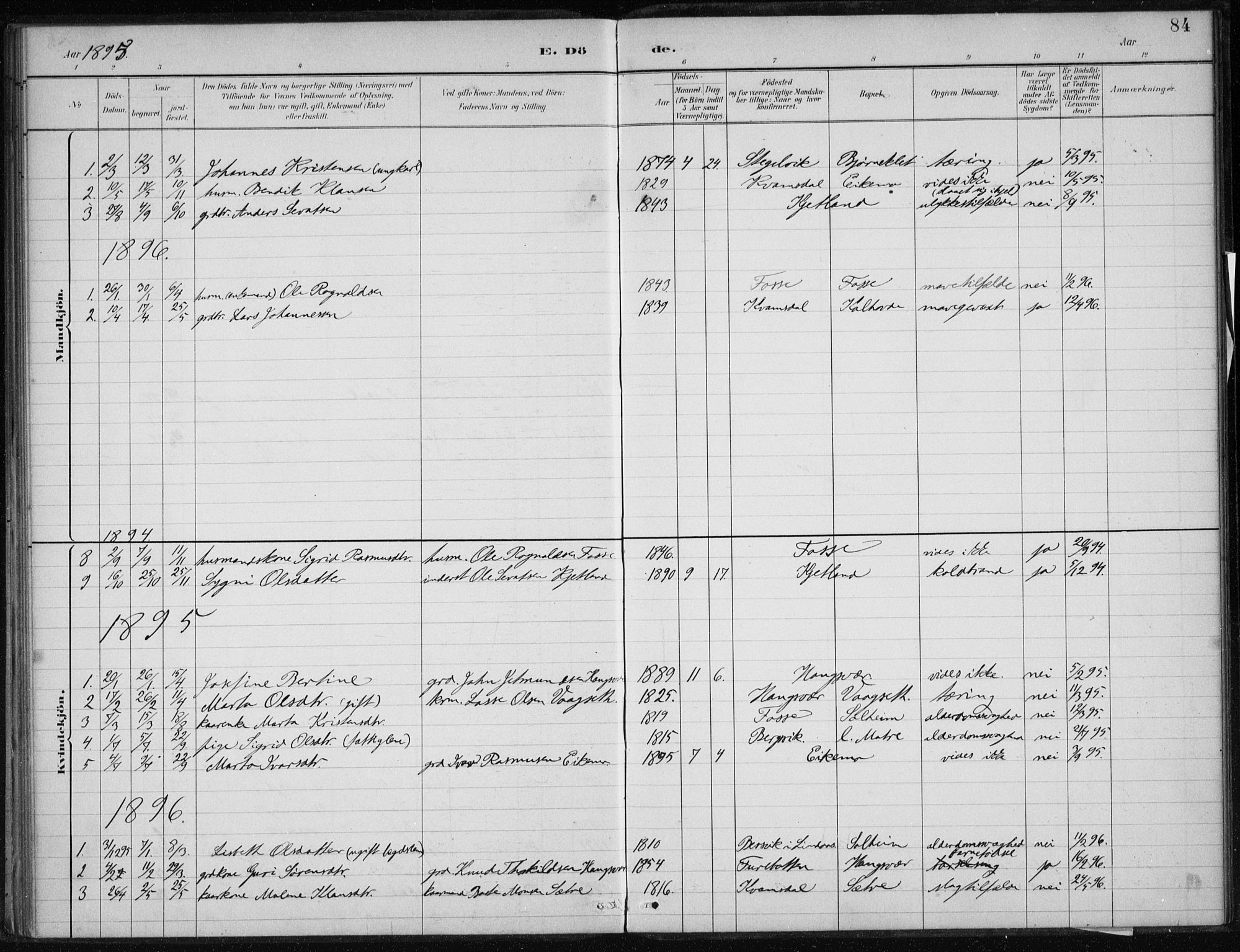 Masfjorden Sokneprestembete, AV/SAB-A-77001: Parish register (official) no. C  1, 1882-1896, p. 84