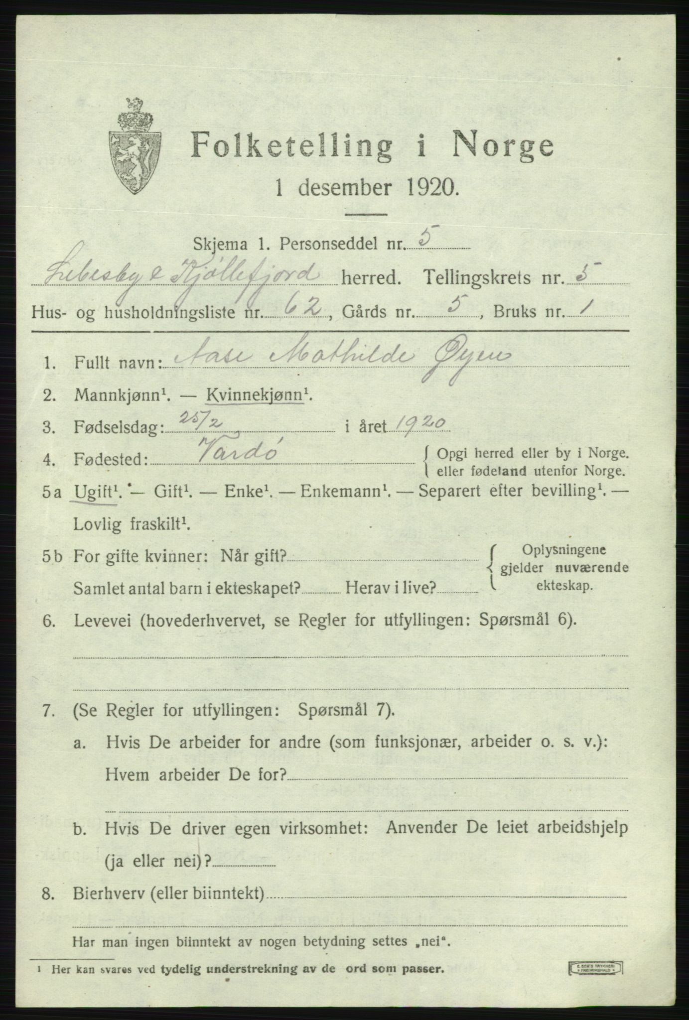 SATØ, 1920 census for Lebesby, 1920, p. 3009