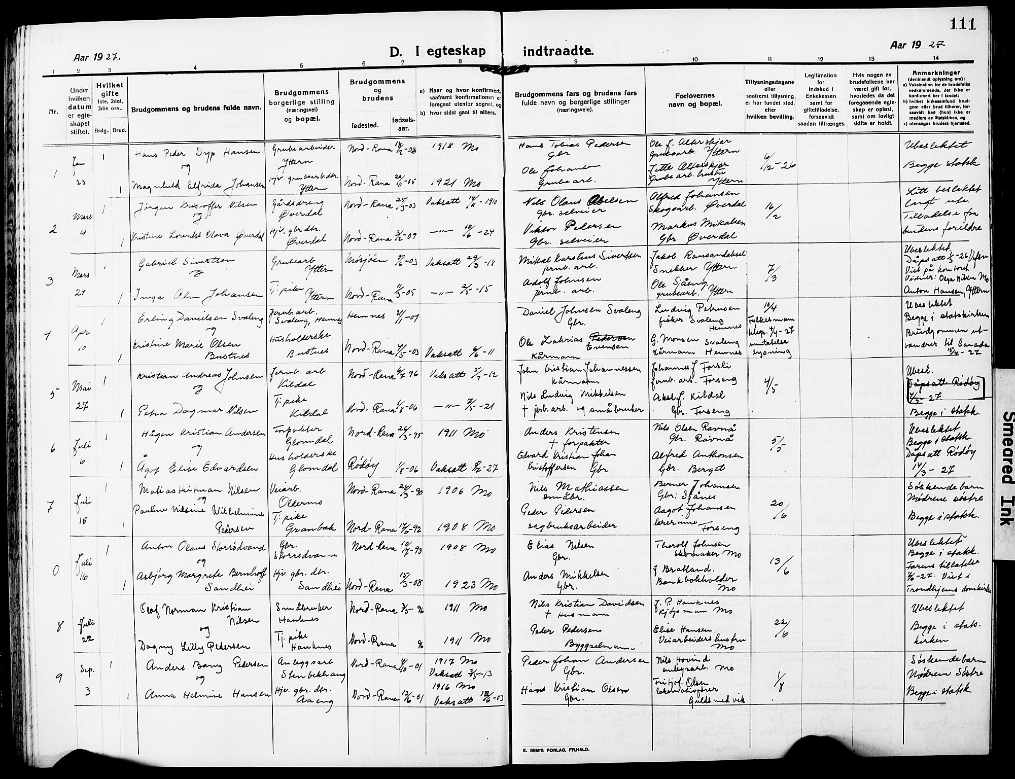 Ministerialprotokoller, klokkerbøker og fødselsregistre - Nordland, SAT/A-1459/827/L0424: Parish register (copy) no. 827C13, 1921-1930, p. 111