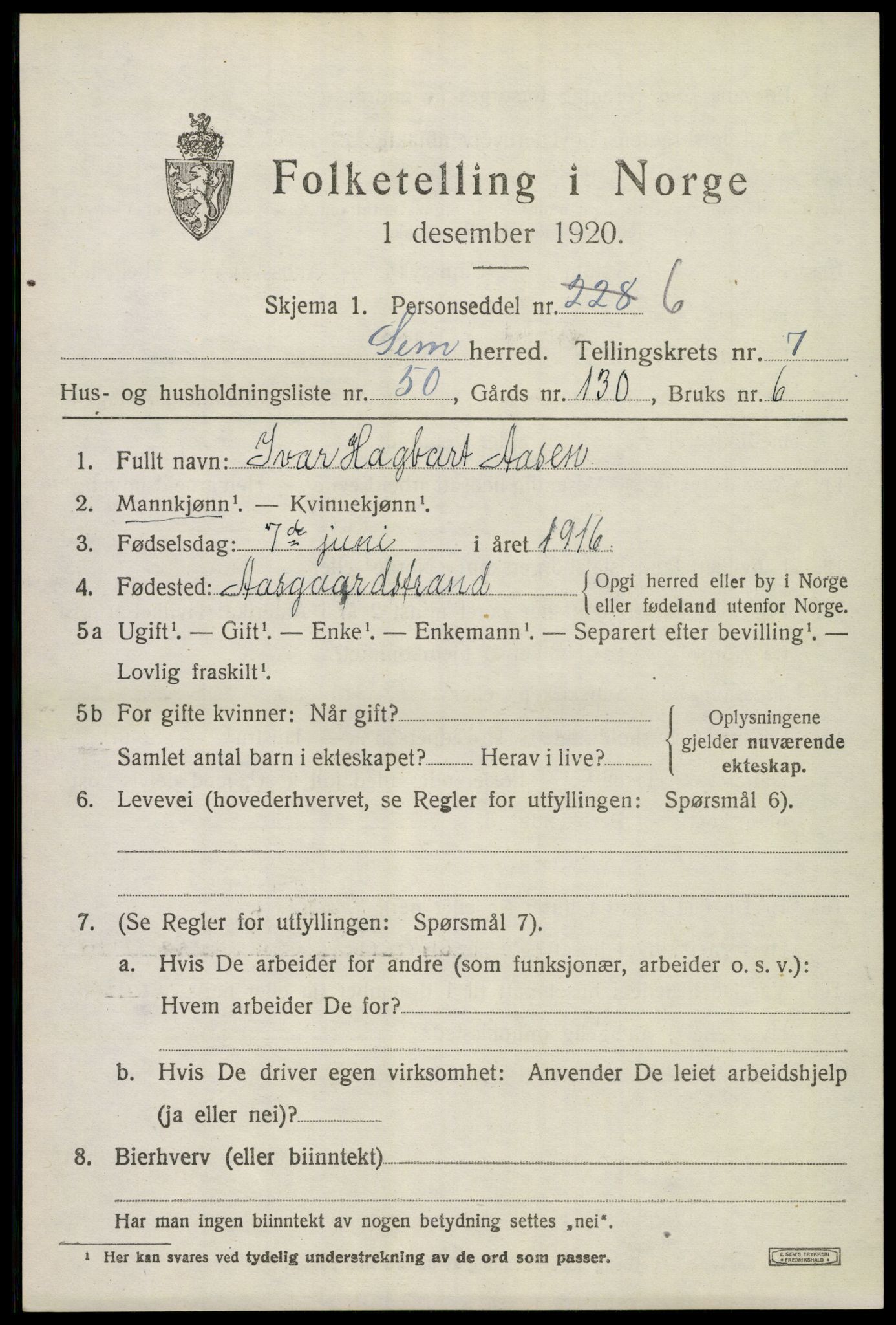 SAKO, 1920 census for Sem, 1920, p. 10797