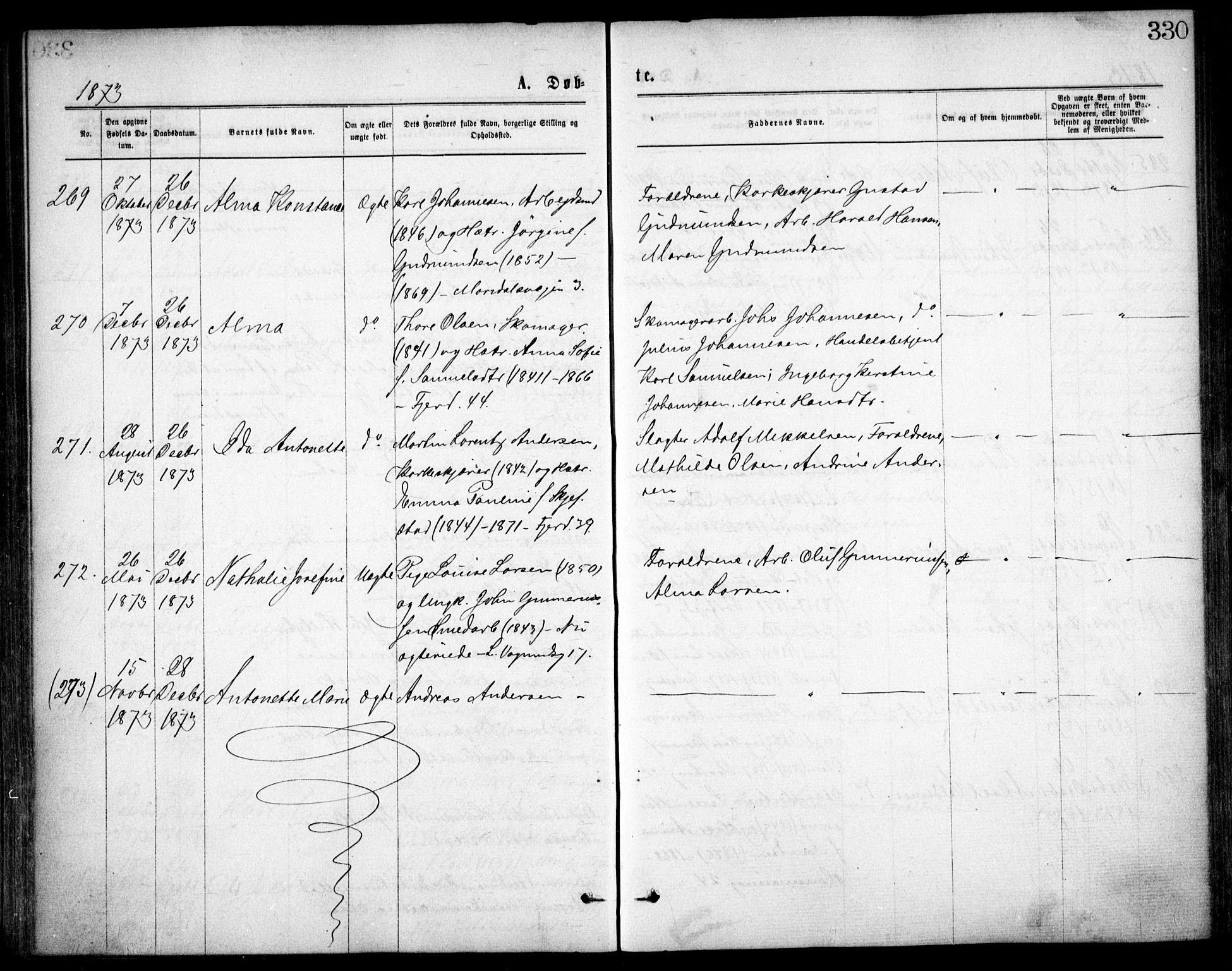 Oslo domkirke Kirkebøker, AV/SAO-A-10752/F/Fa/L0017: Parish register (official) no. 17, 1869-1878, p. 330