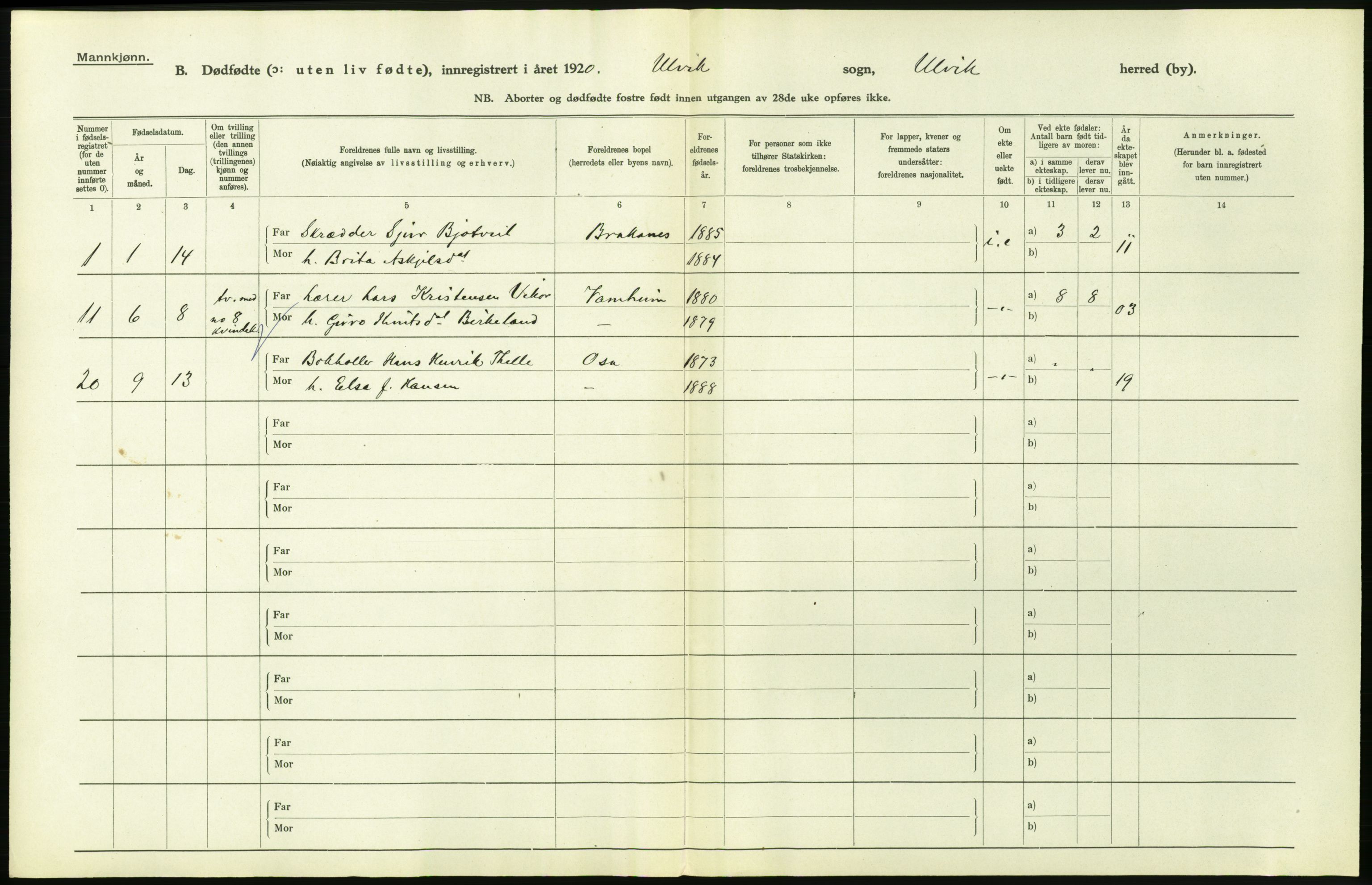 Statistisk sentralbyrå, Sosiodemografiske emner, Befolkning, RA/S-2228/D/Df/Dfb/Dfbj/L0039: Hordaland fylke: Gifte, dødfødte. Bygder., 1920, p. 280