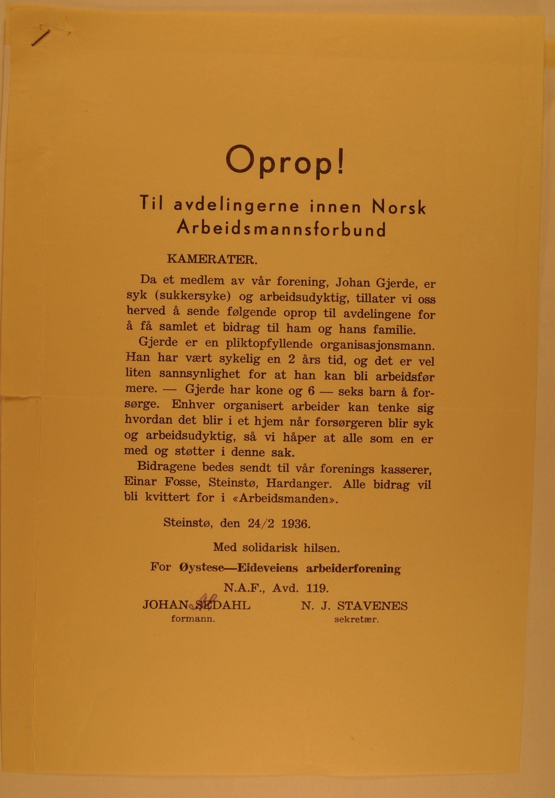 Hadeland Veiarbeiderforening, OARM/H-A-00304/D/Da/L0001/0006: Sakspapirer / Sakspapirer, 1936