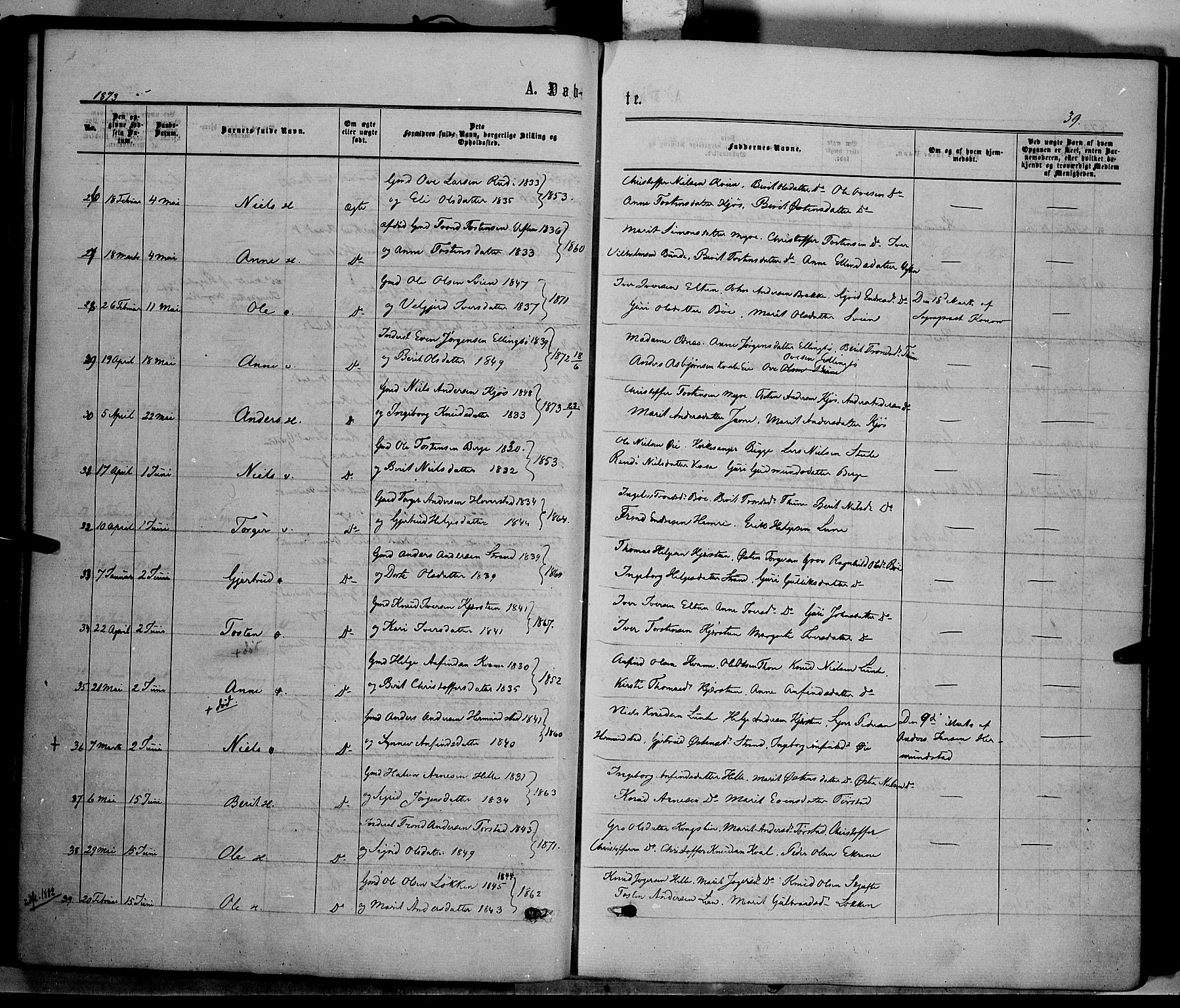 Vang prestekontor, Valdres, AV/SAH-PREST-140/H/Ha/L0007: Parish register (official) no. 7, 1865-1881, p. 39