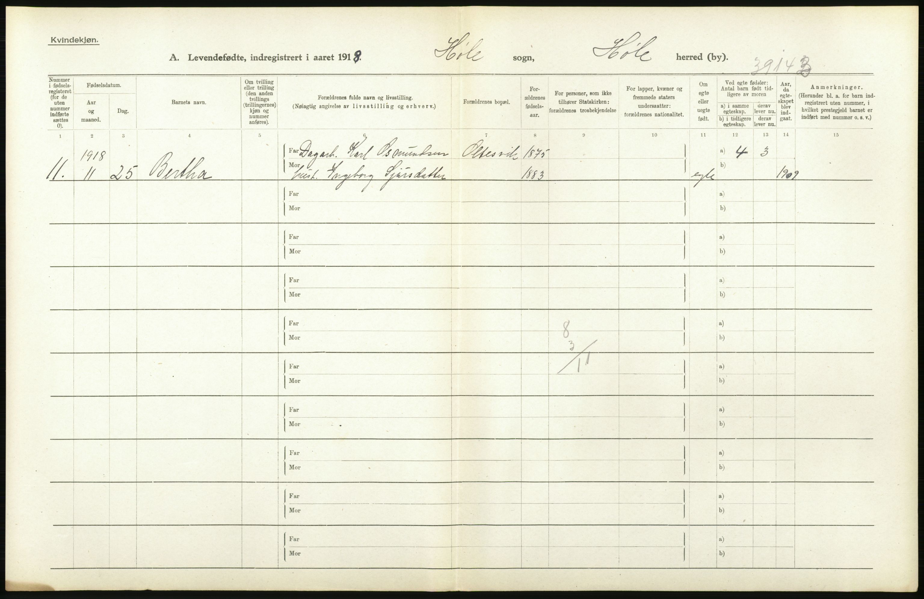 Statistisk sentralbyrå, Sosiodemografiske emner, Befolkning, RA/S-2228/D/Df/Dfb/Dfbh/L0031: Rogaland fylke: Levendefødte menn og kvinner. Bygder., 1918