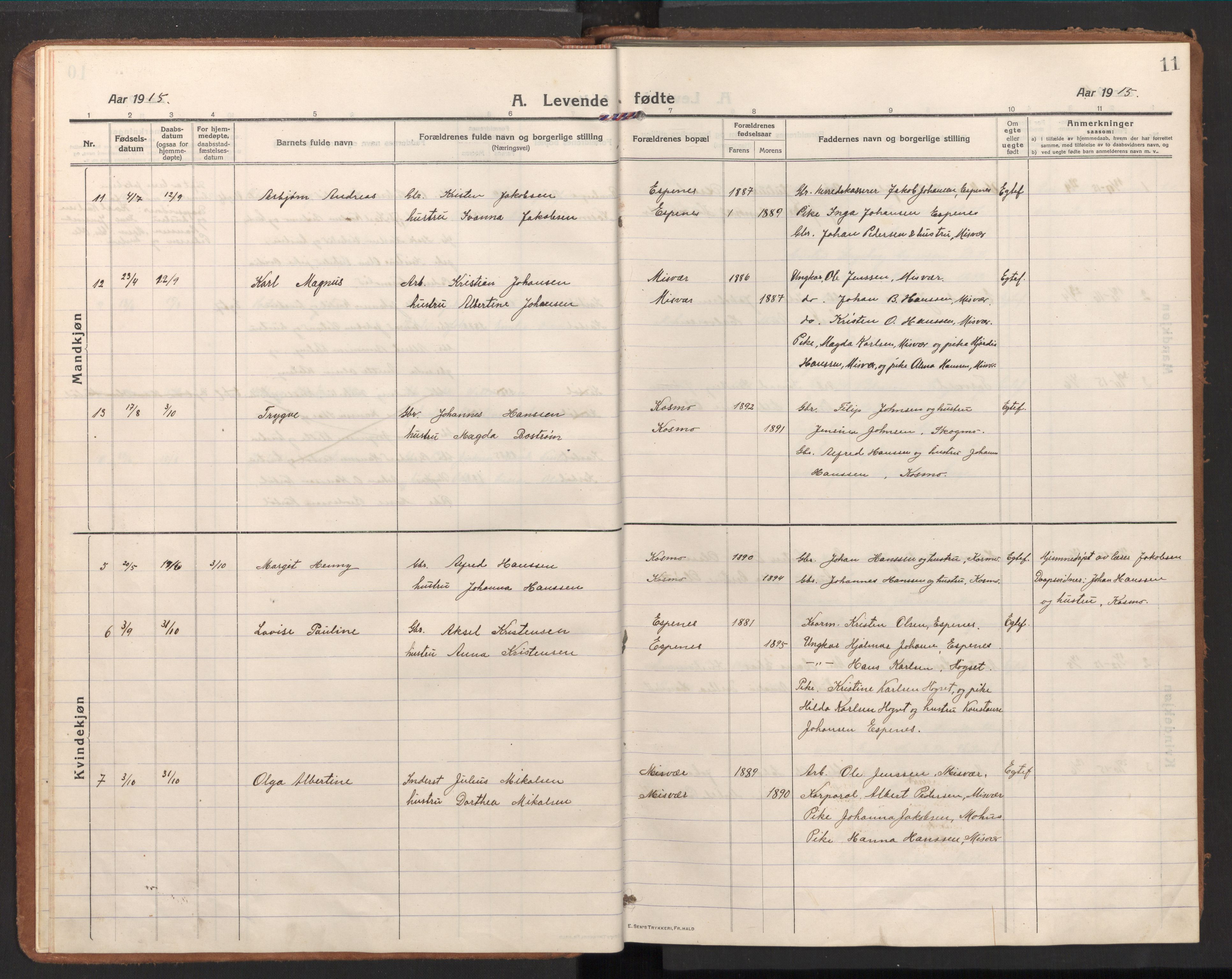 Ministerialprotokoller, klokkerbøker og fødselsregistre - Nordland, AV/SAT-A-1459/848/L0688: Parish register (official) no. 848A01, 1913-1935, p. 11