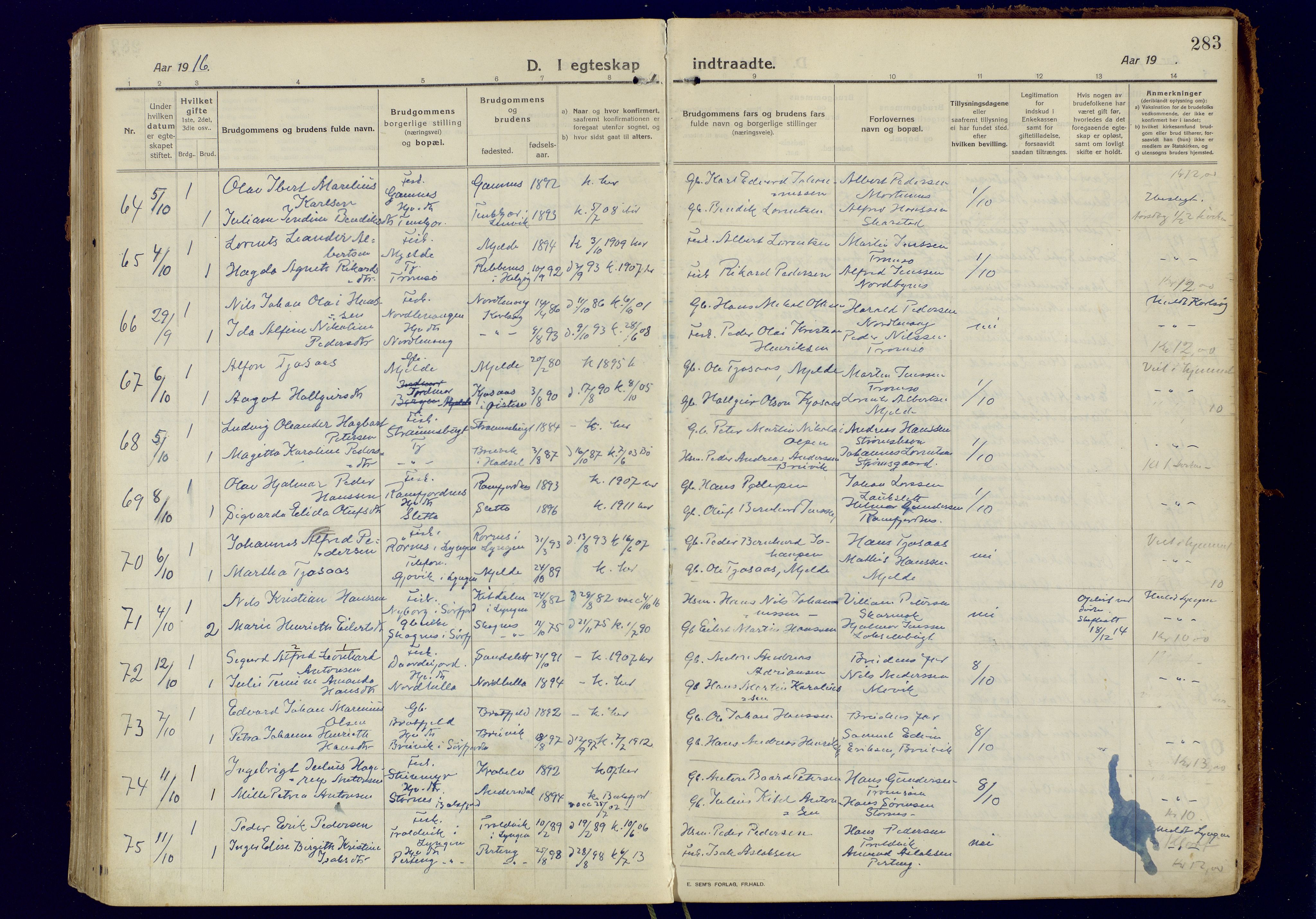 Tromsøysund sokneprestkontor, AV/SATØ-S-1304/G/Ga/L0008kirke: Parish register (official) no. 8, 1914-1922, p. 283