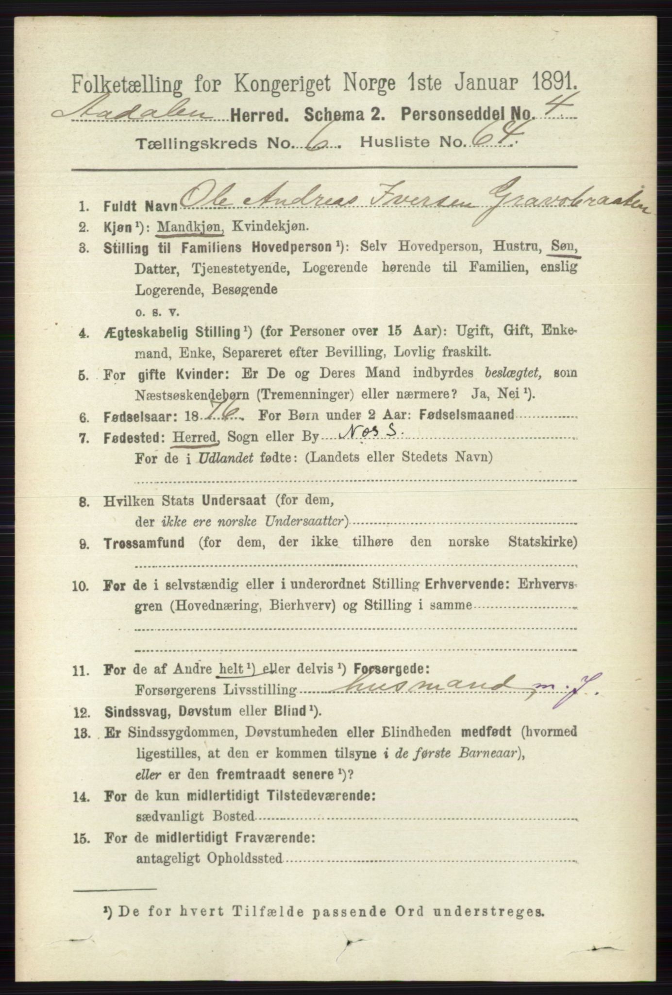 RA, 1891 census for 0614 Ådal, 1891, p. 2997
