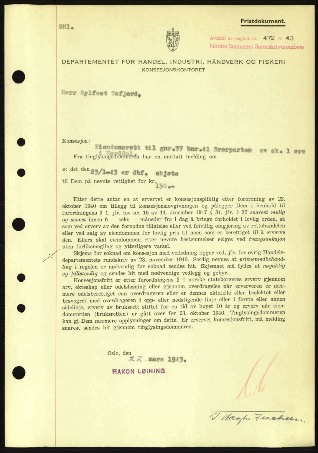 Nordre Sunnmøre sorenskriveri, SAT/A-0006/1/2/2C/2Ca: Mortgage book no. B6-14 a, 1942-1945, Diary no: : 472/1943