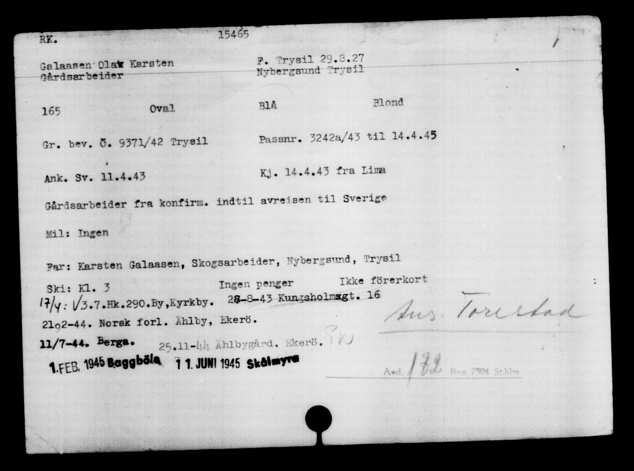 Utenriksstasjonene, Legasjonen i Stockholm, Flyktningkontoret, AV/RA-S-6753/V/Va/L0007: Kjesäterkartoteket, flyktninger med registreringsnr. 12700-15723, 1940-1945, p. 3168