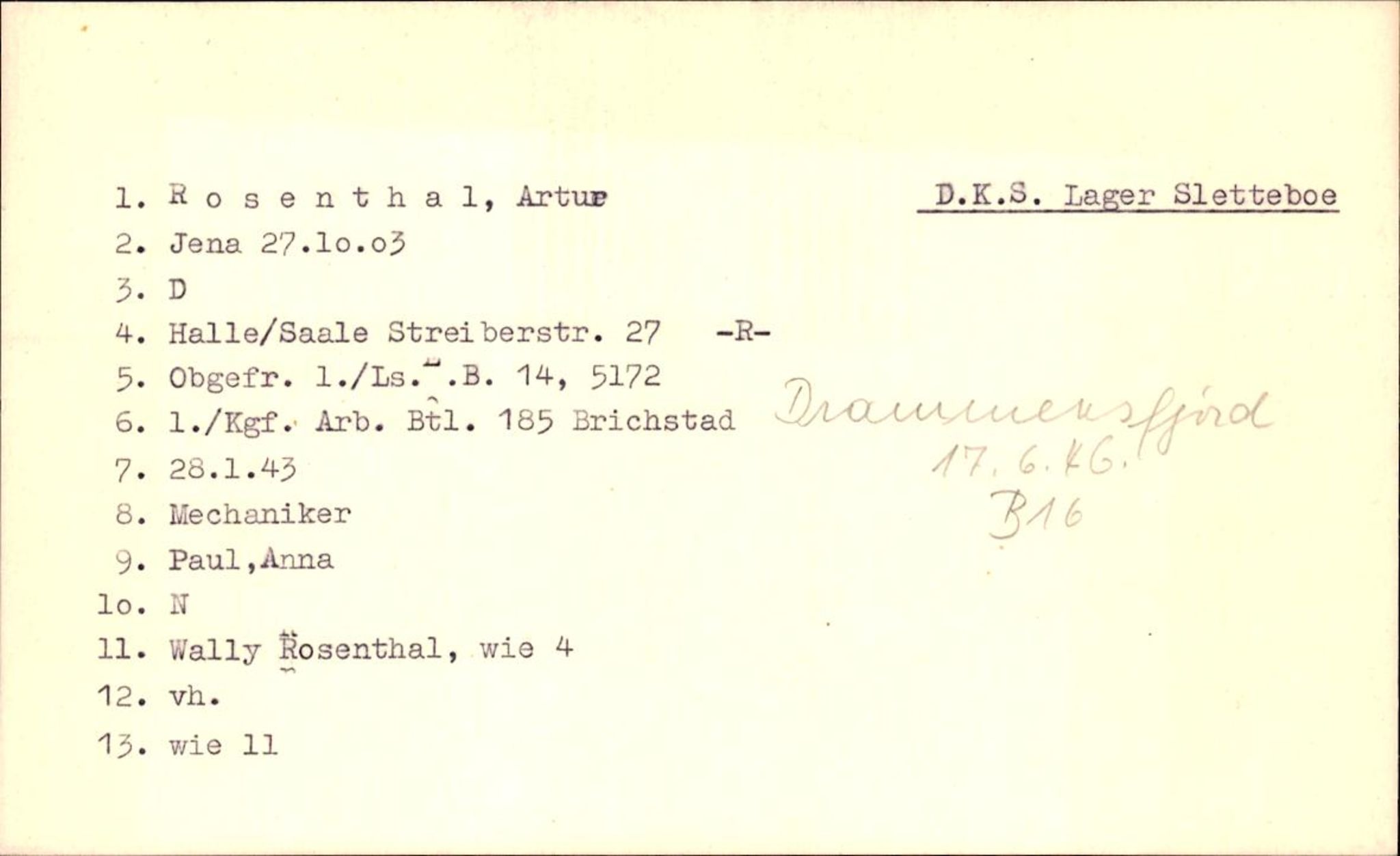 Hjemsendte tyskere , RA/RAFA-6487/D/Db/L0023: Rosenthal-Schmick, 1945-1947, p. 1