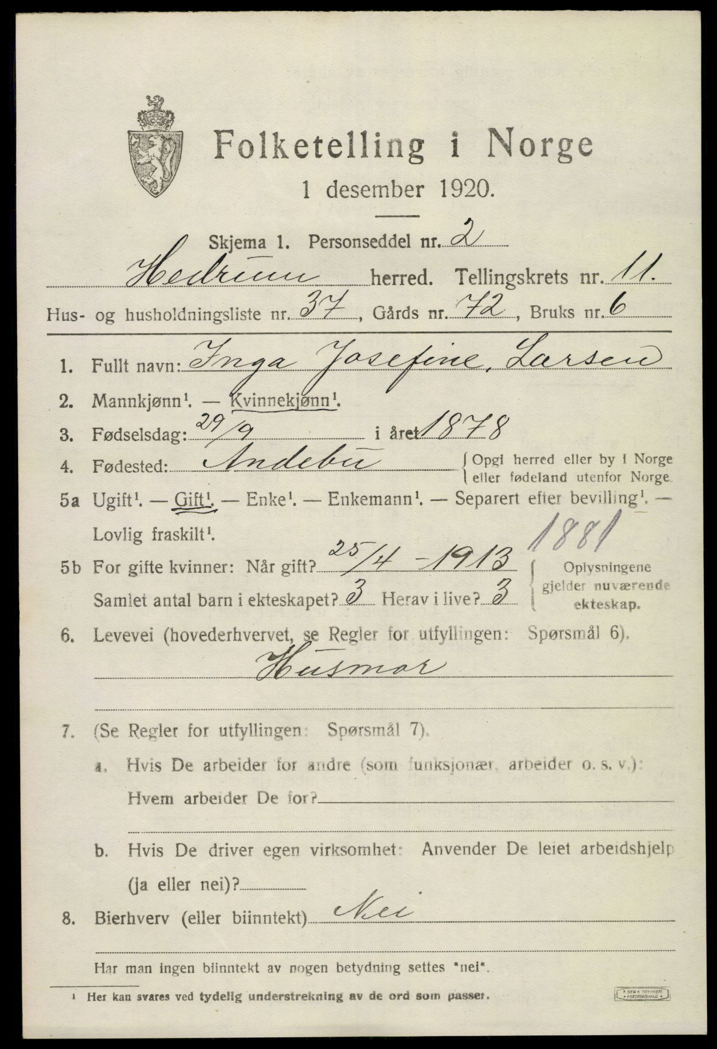 SAKO, 1920 census for Hedrum, 1920, p. 7953