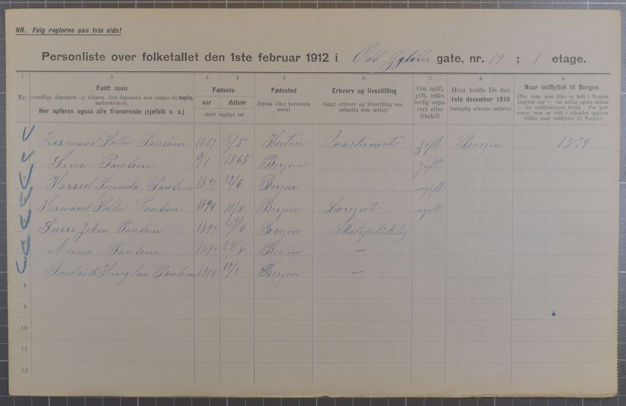 SAB, Municipal Census 1912 for Bergen, 1912, p. 72