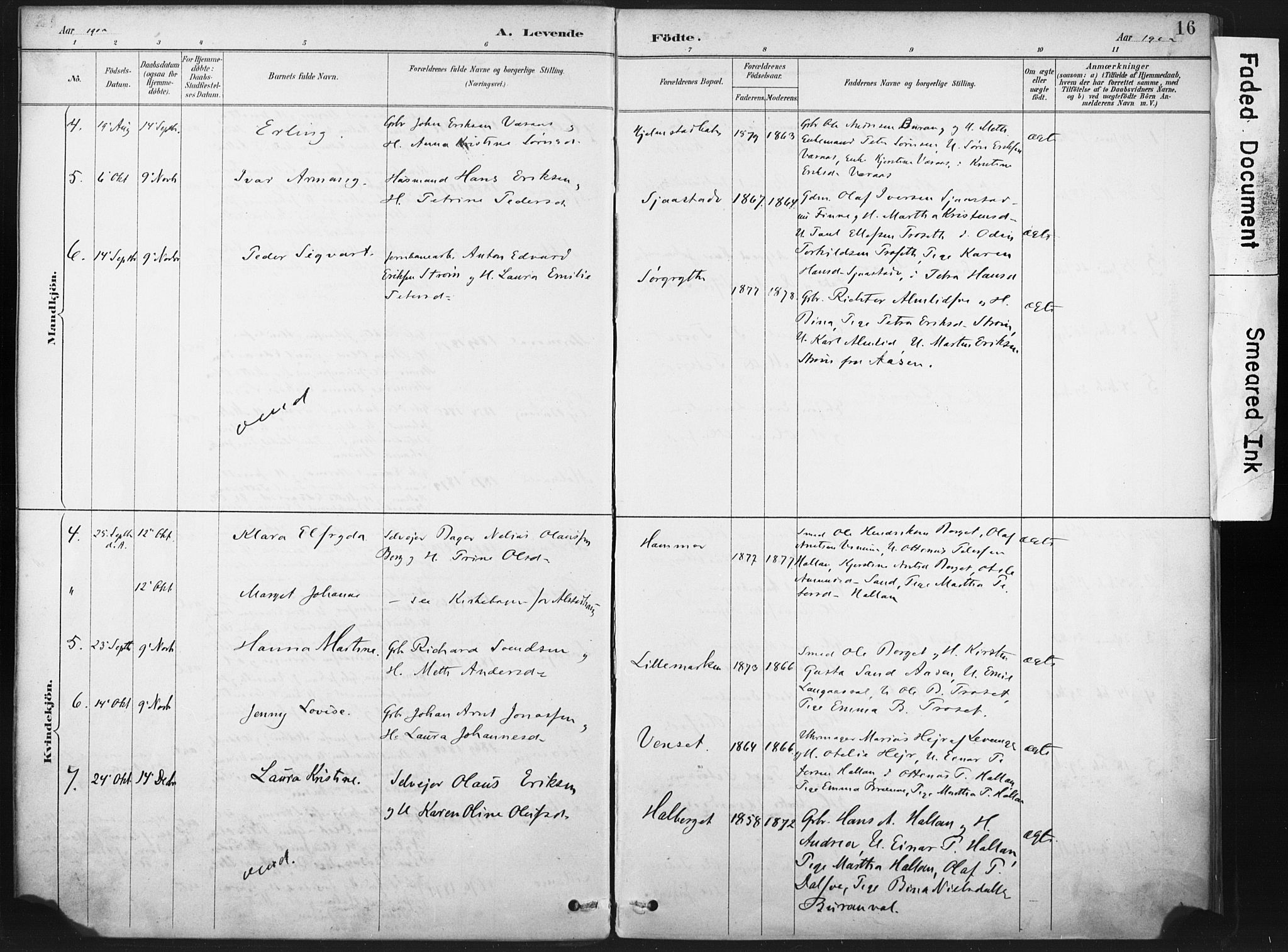 Ministerialprotokoller, klokkerbøker og fødselsregistre - Nord-Trøndelag, AV/SAT-A-1458/718/L0175: Parish register (official) no. 718A01, 1890-1923, p. 16