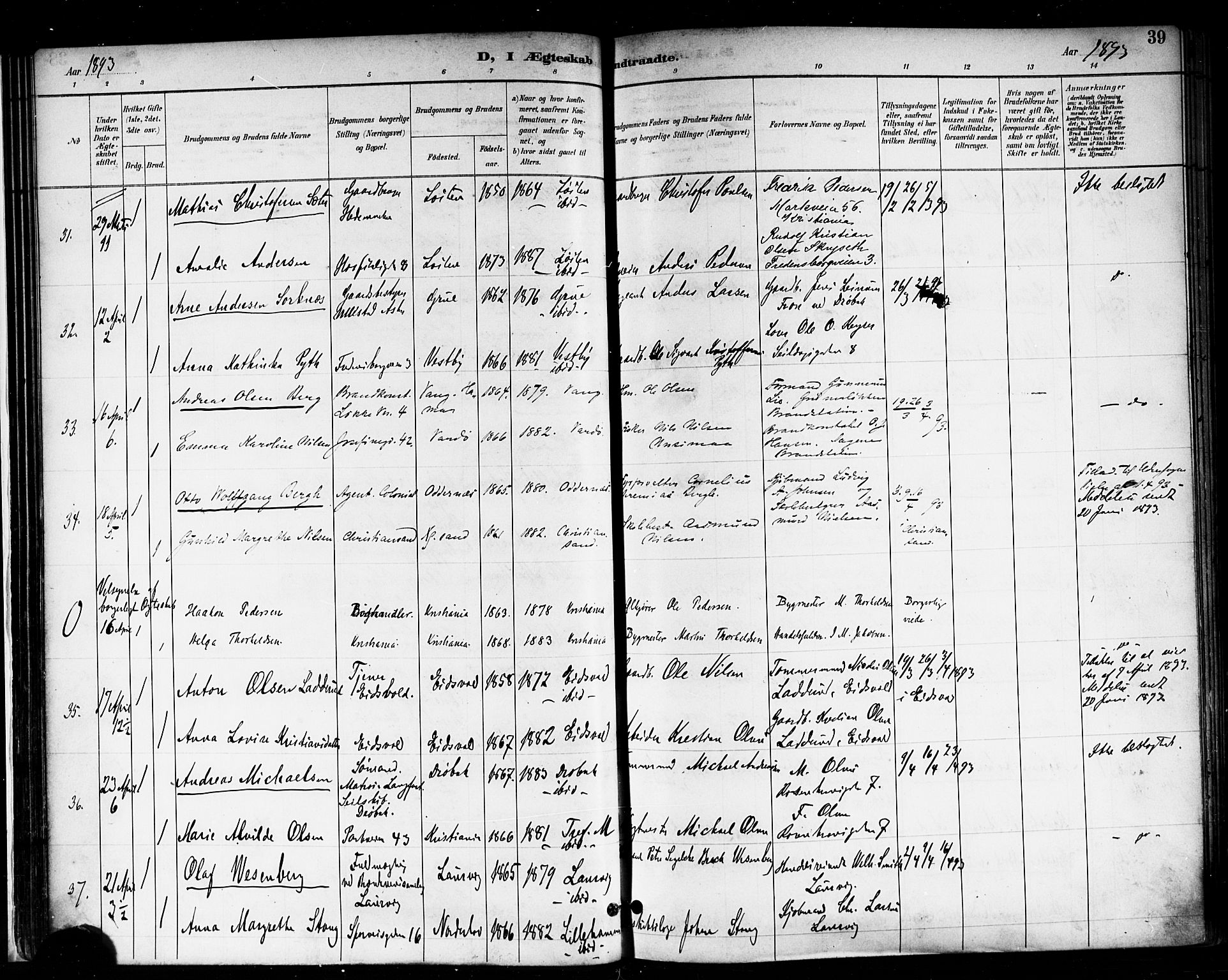 Trefoldighet prestekontor Kirkebøker, SAO/A-10882/F/Fc/L0004: Parish register (official) no. III 4, 1891-1900, p. 39