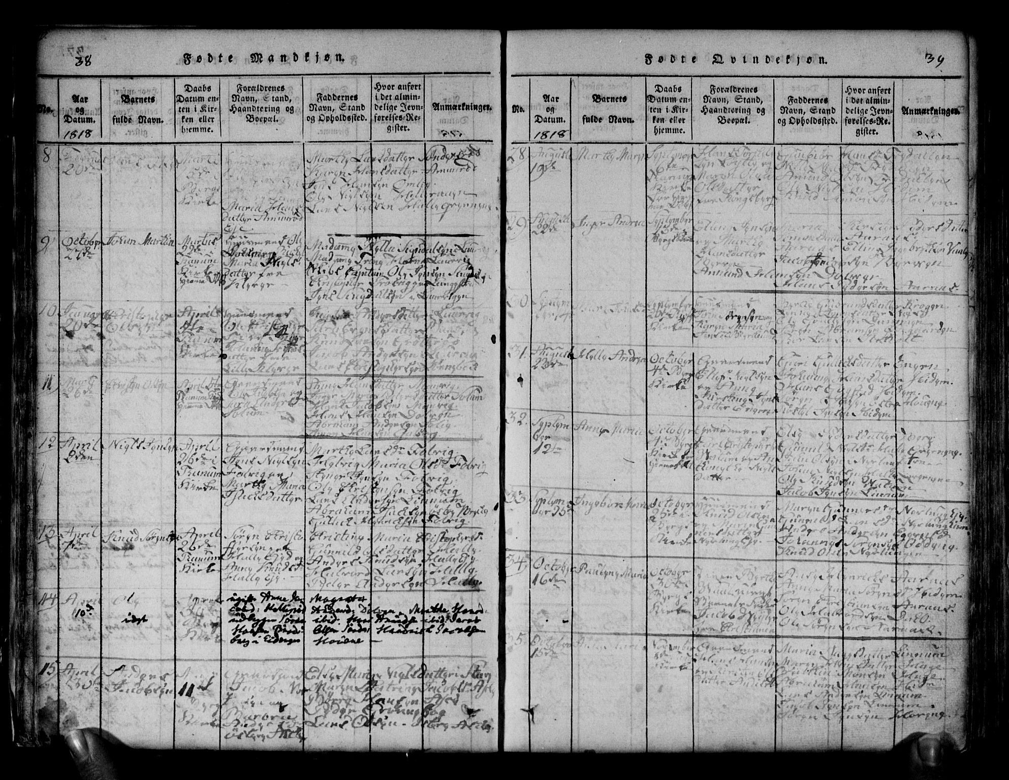 Brunlanes kirkebøker, SAKO/A-342/G/Ga/L0001: Parish register (copy) no. I 1, 1814-1834, p. 38-39