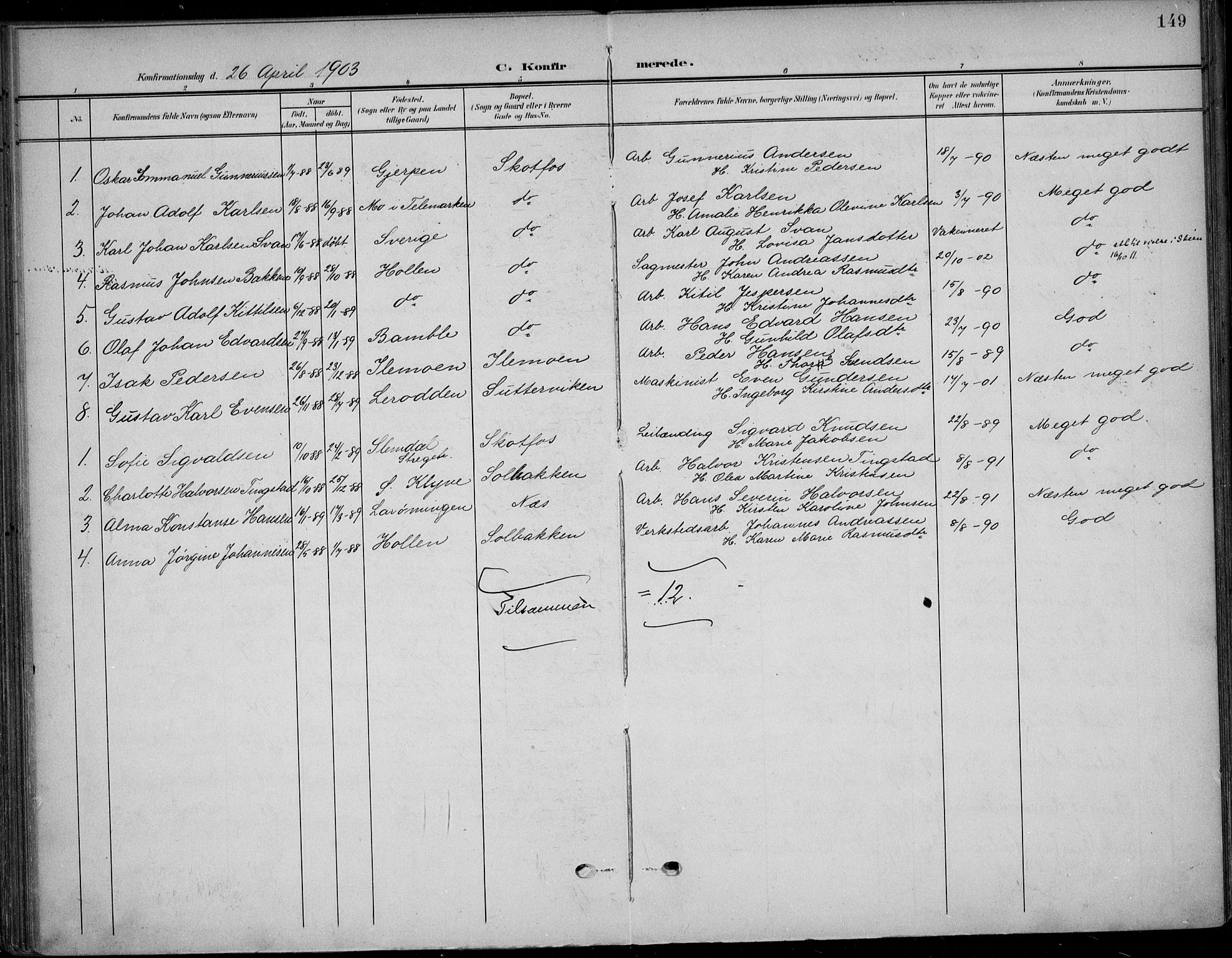 Solum kirkebøker, SAKO/A-306/F/Fb/L0003: Parish register (official) no. II 3, 1901-1912, p. 149