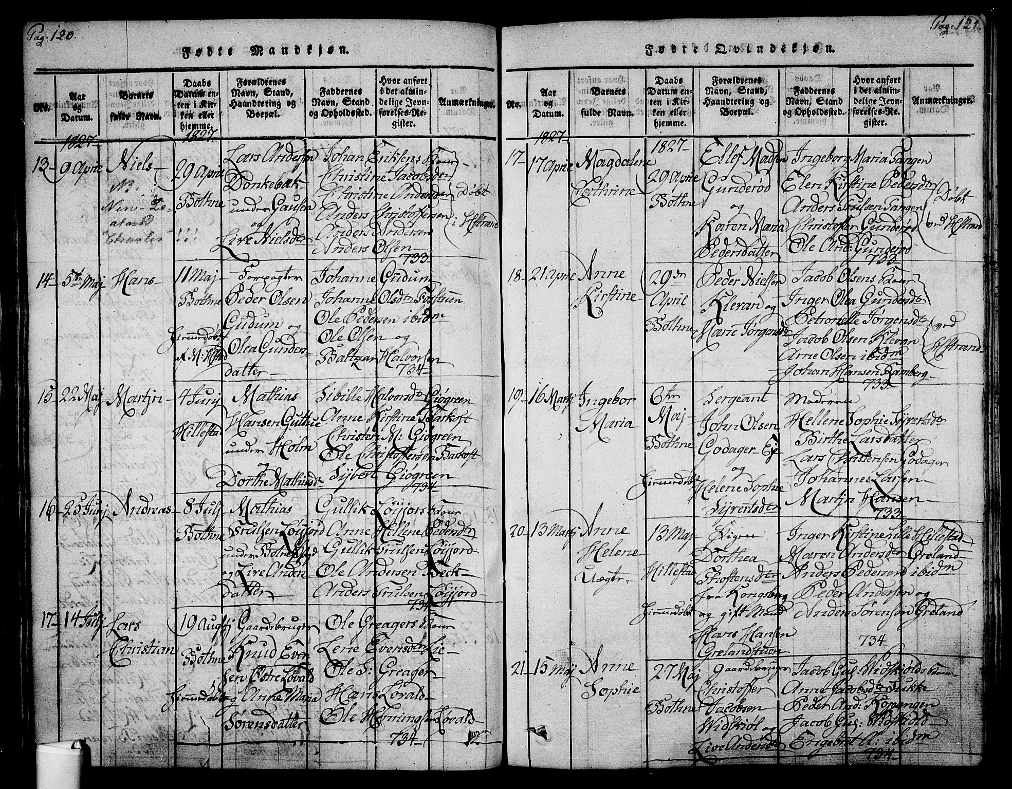 Botne kirkebøker, AV/SAKO-A-340/F/Fa/L0005: Parish register (official) no. I 5, 1814-1836, p. 120-121