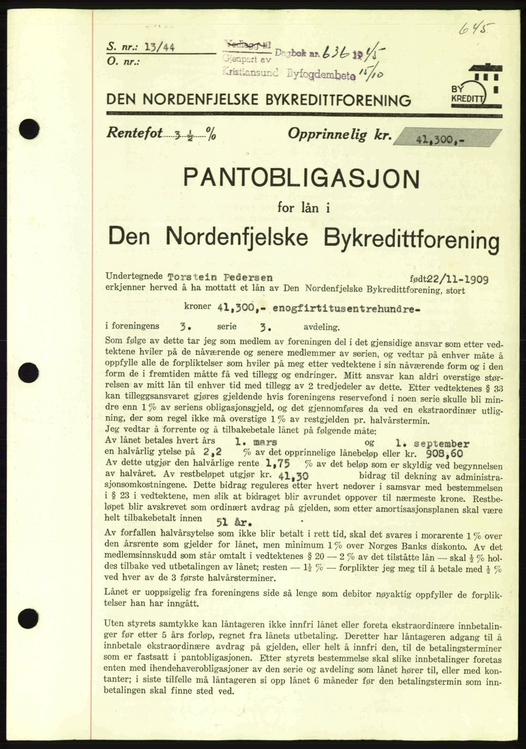 Kristiansund byfogd, AV/SAT-A-4587/A/27: Mortgage book no. 37-38, 1943-1945, Diary no: : 636/1945