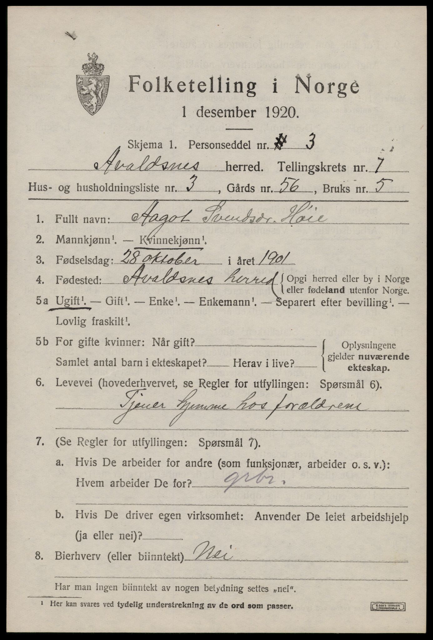 SAST, 1920 census for Avaldsnes, 1920, p. 5895