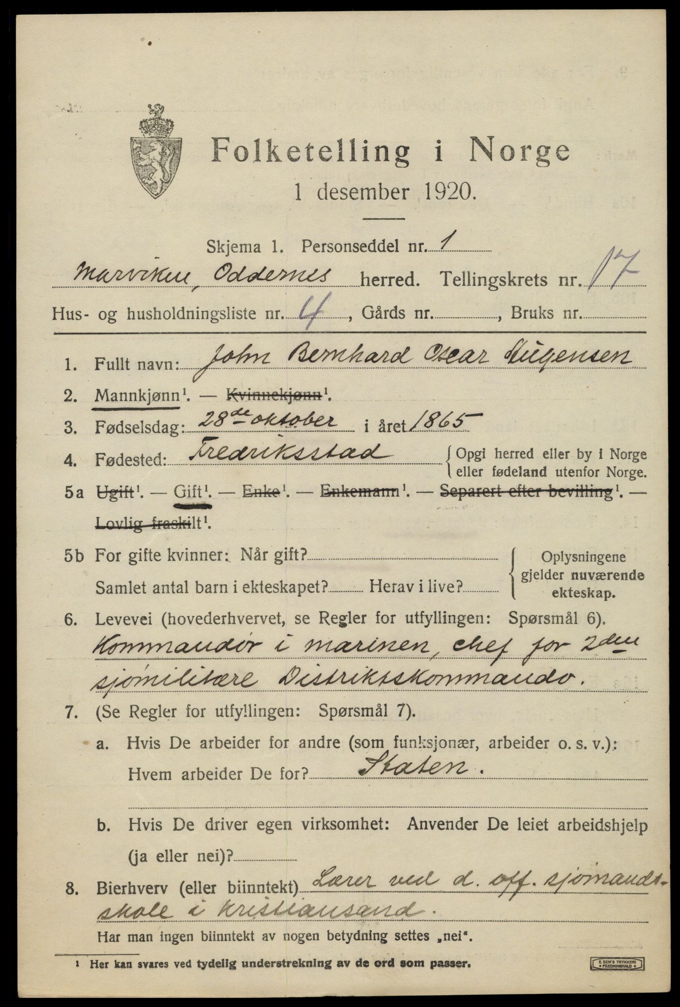 SAK, 1920 census for Oddernes, 1920, p. 12549