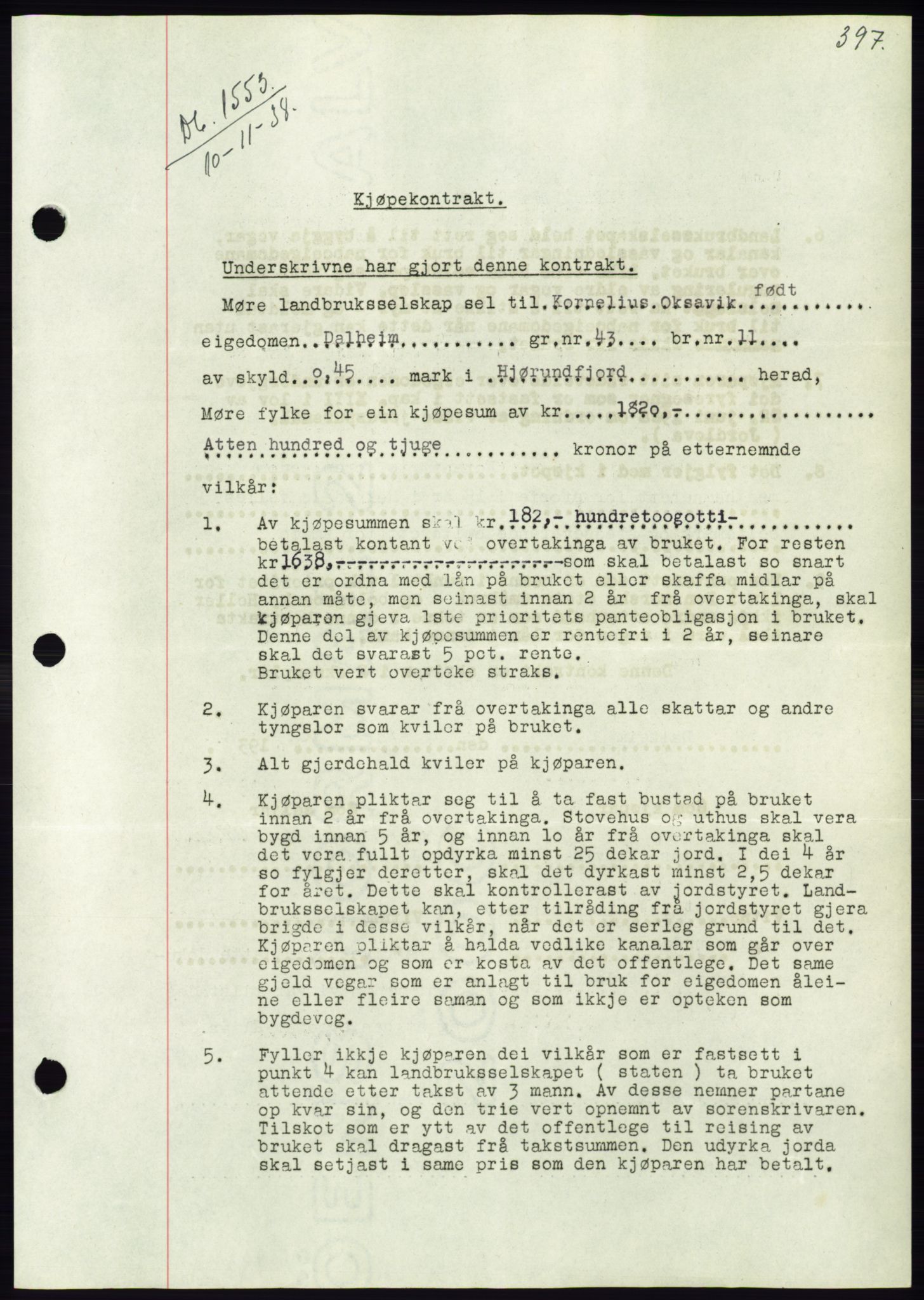 Søre Sunnmøre sorenskriveri, AV/SAT-A-4122/1/2/2C/L0066: Mortgage book no. 60, 1938-1938, Diary no: : 1553/1938