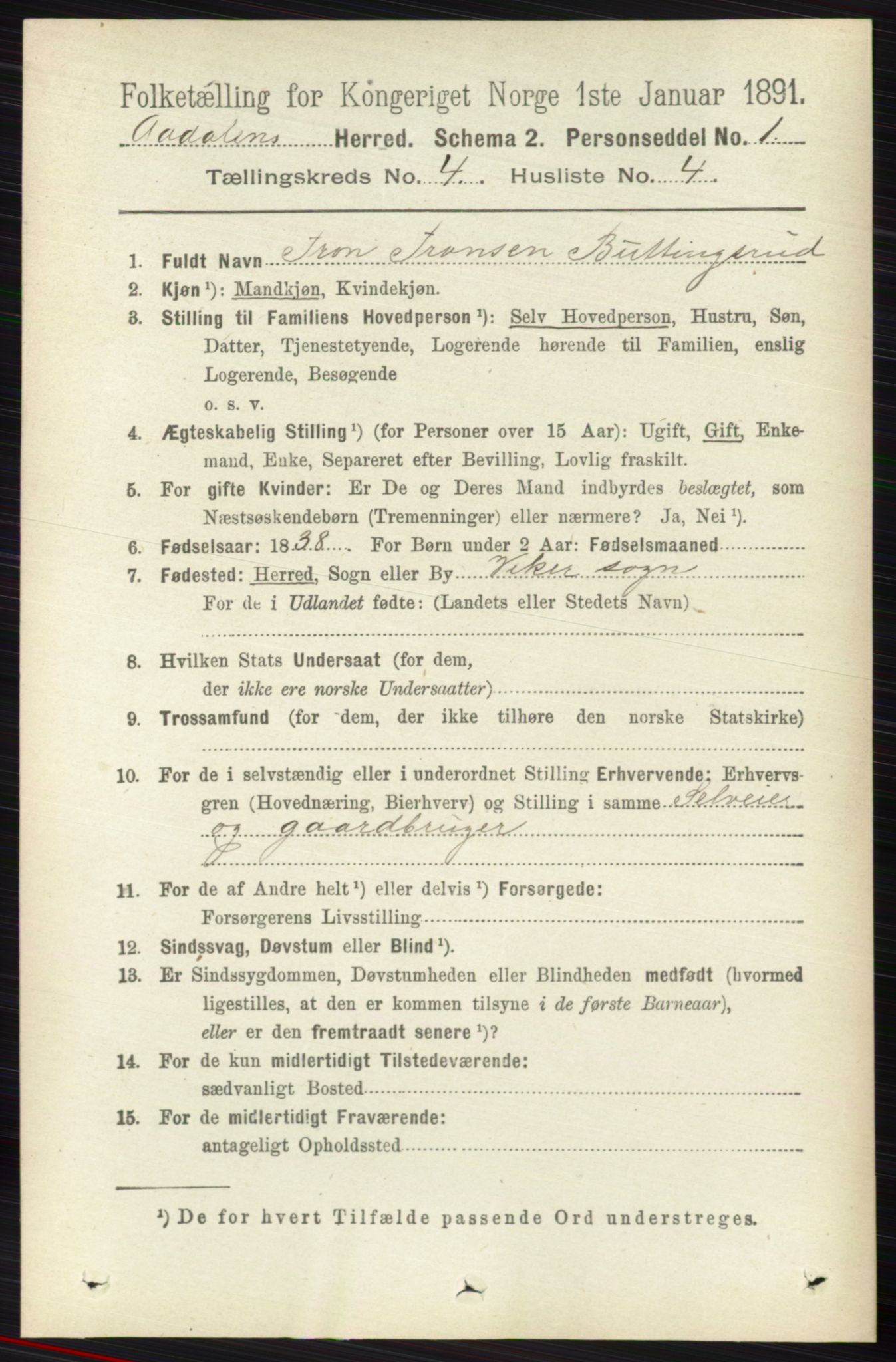 RA, 1891 census for 0614 Ådal, 1891, p. 1536