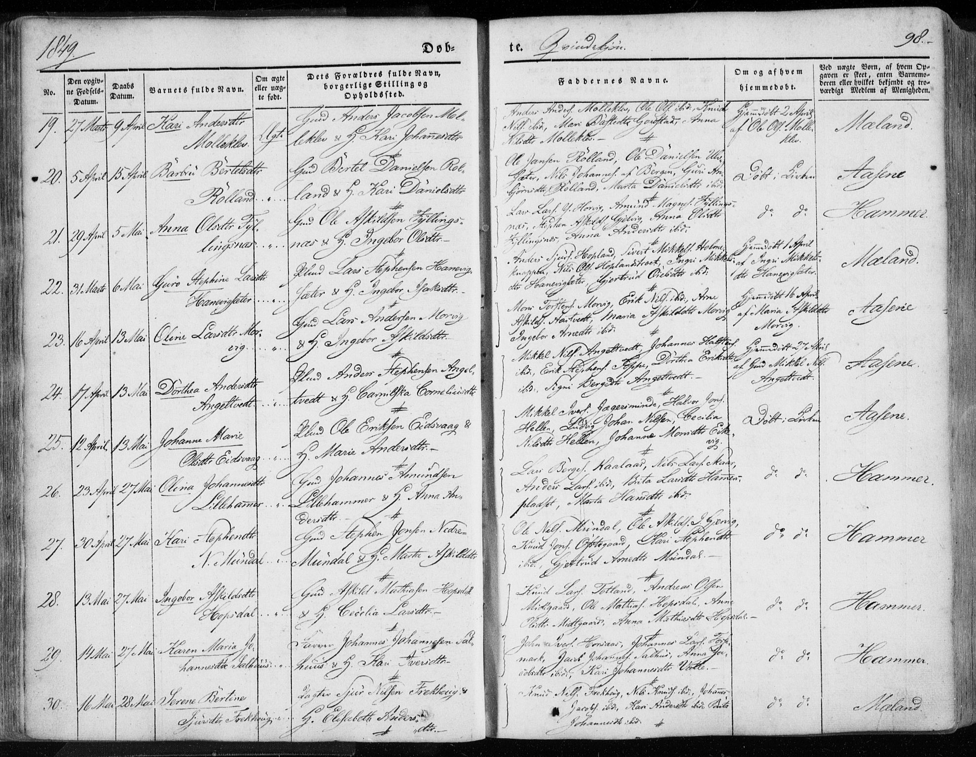 Hamre sokneprestembete, AV/SAB-A-75501/H/Ha/Haa/Haaa/L0013: Parish register (official) no. A 13, 1846-1857, p. 98