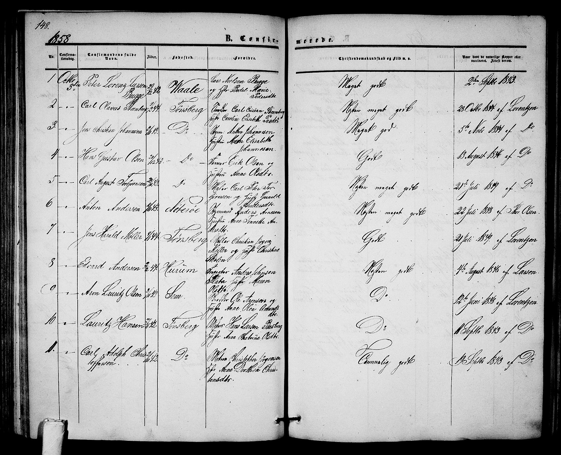 Tønsberg kirkebøker, AV/SAKO-A-330/G/Ga/L0003: Parish register (copy) no. 3, 1855-1864, p. 148