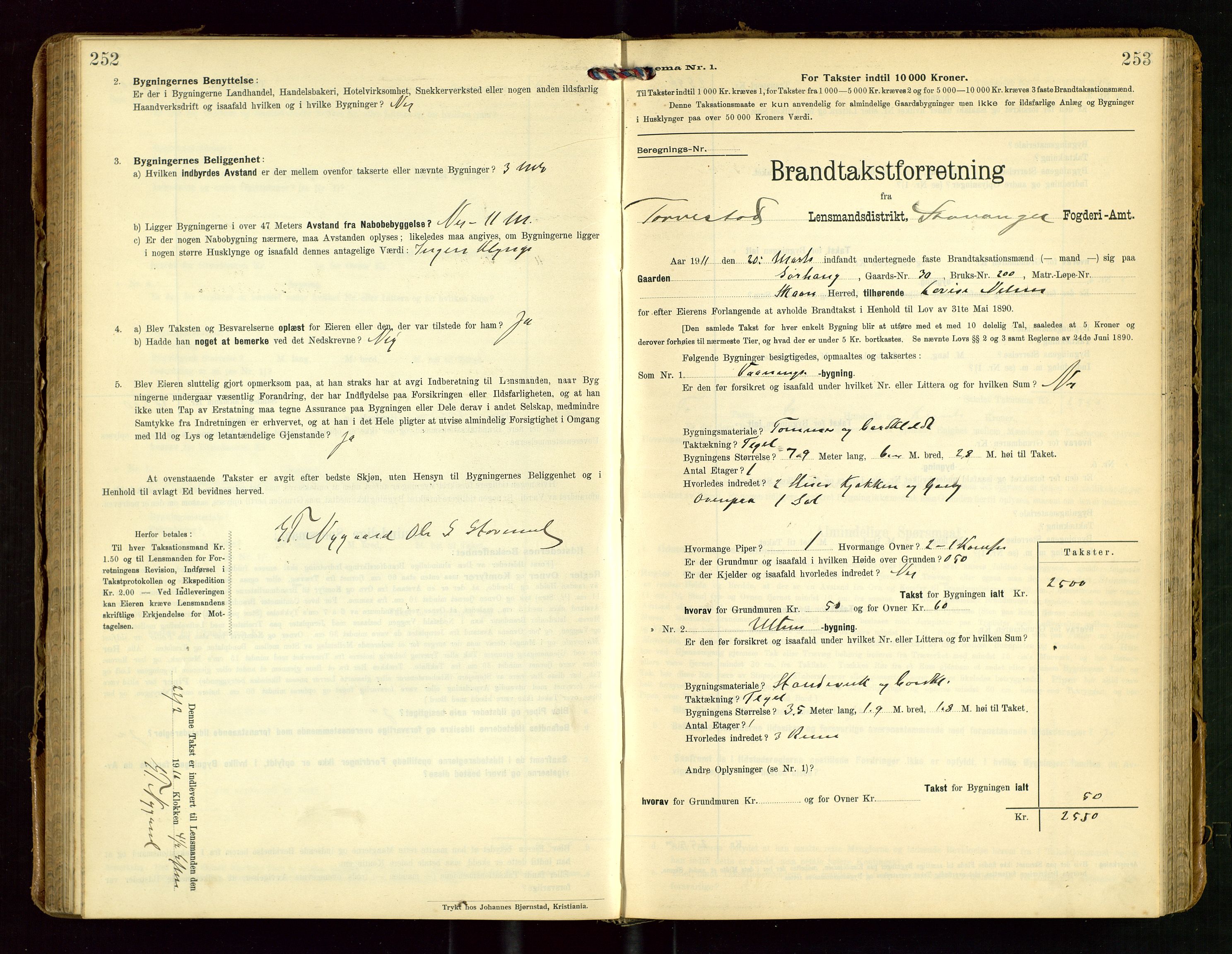 Torvestad lensmannskontor, SAST/A-100307/1/Gob/L0004: "Brandtaxationsprotokol for Torvestad Lensmannsdistrikt", 1909-1923, p. 252-253